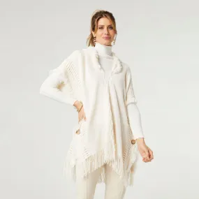 Eloise Hooded Poncho with Frayed Fringe - Cream