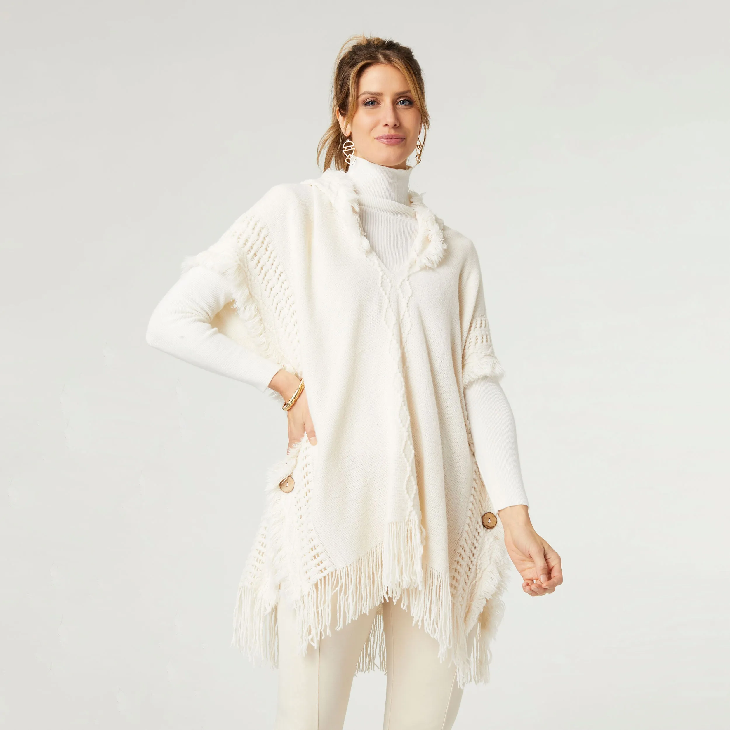 Eloise Hooded Poncho with Frayed Fringe - Cream