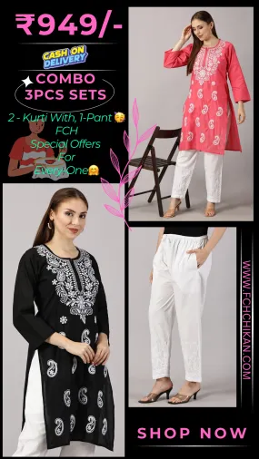 Embroidered Cotton Wear: 2 Kurtis   Pants Set | Women’s Cotton Kurti Set: Embroidery & Comfort Combo | Chic Cotton Sets Combo: Embroidered Kurtis and Pants | Stylish Cotton Kurti Set with Pants - 2 Piece Combo