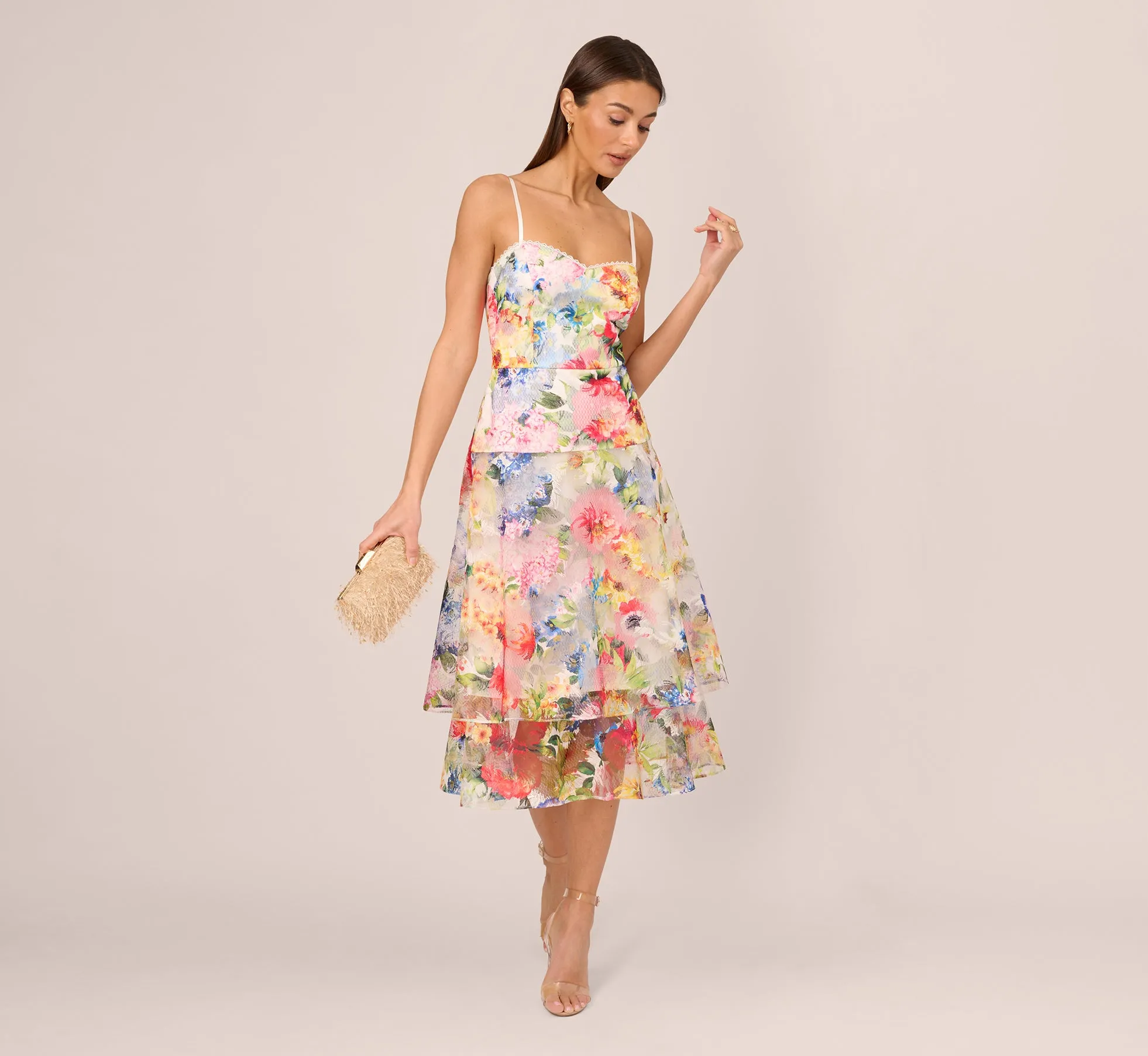 Embroidered Floral Print Midi Dress With Tiered Skirt In Ivory Multi