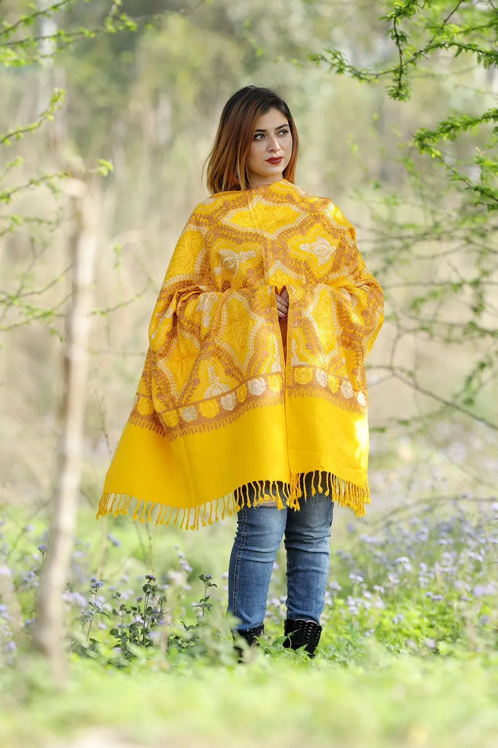 EXOTIC WARM YELLOW Colour Stole With Graceful Dense Jaal Pattern Of Kashmiri Embroidery Makes It An Ideal Wear.