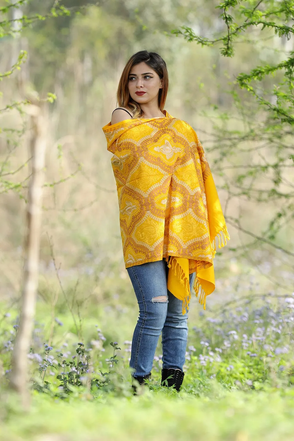 EXOTIC WARM YELLOW Colour Stole With Graceful Dense Jaal Pattern Of Kashmiri Embroidery Makes It An Ideal Wear.