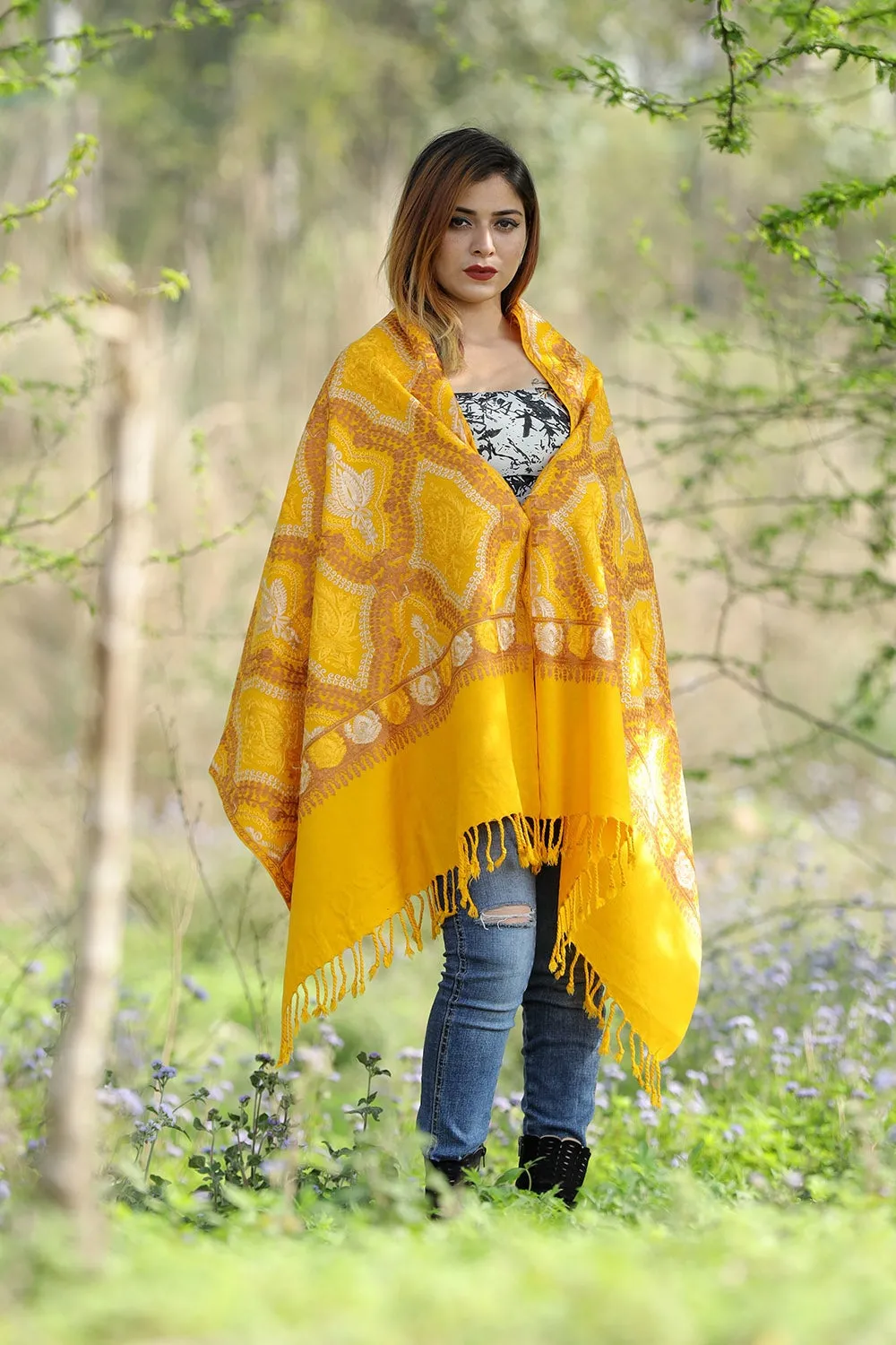 EXOTIC WARM YELLOW Colour Stole With Graceful Dense Jaal Pattern Of Kashmiri Embroidery Makes It An Ideal Wear.