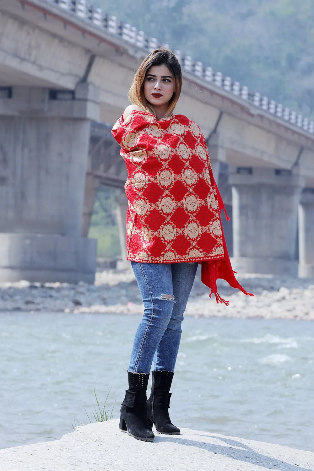 Eye Catchy Red Colour Stole With Graceful Dense Jaal Pattern Of Kashmiri Embroidery Makes It An Ideal Wear.