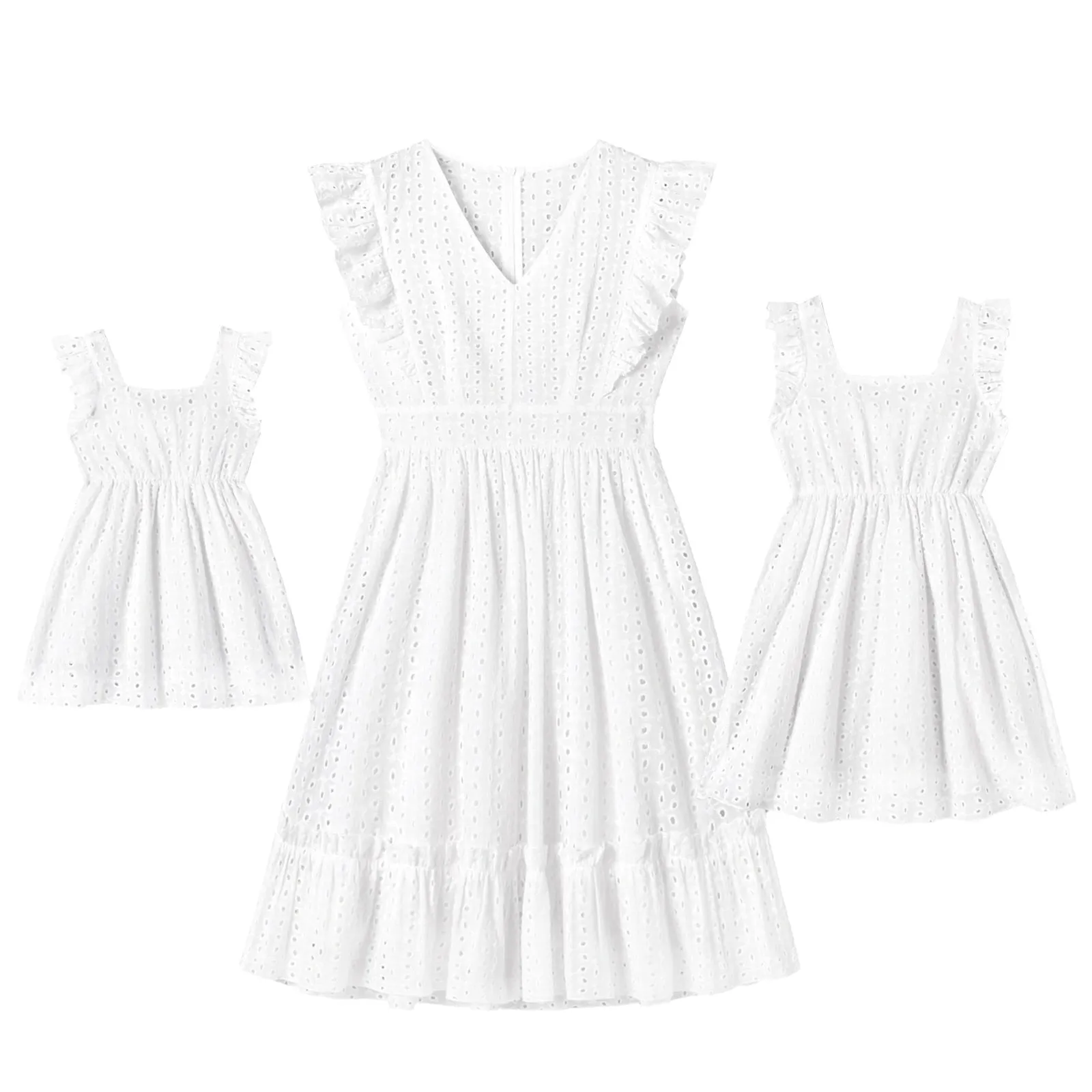 Family Matching Dresses - Hollow White Broderie with Floral Embroidery