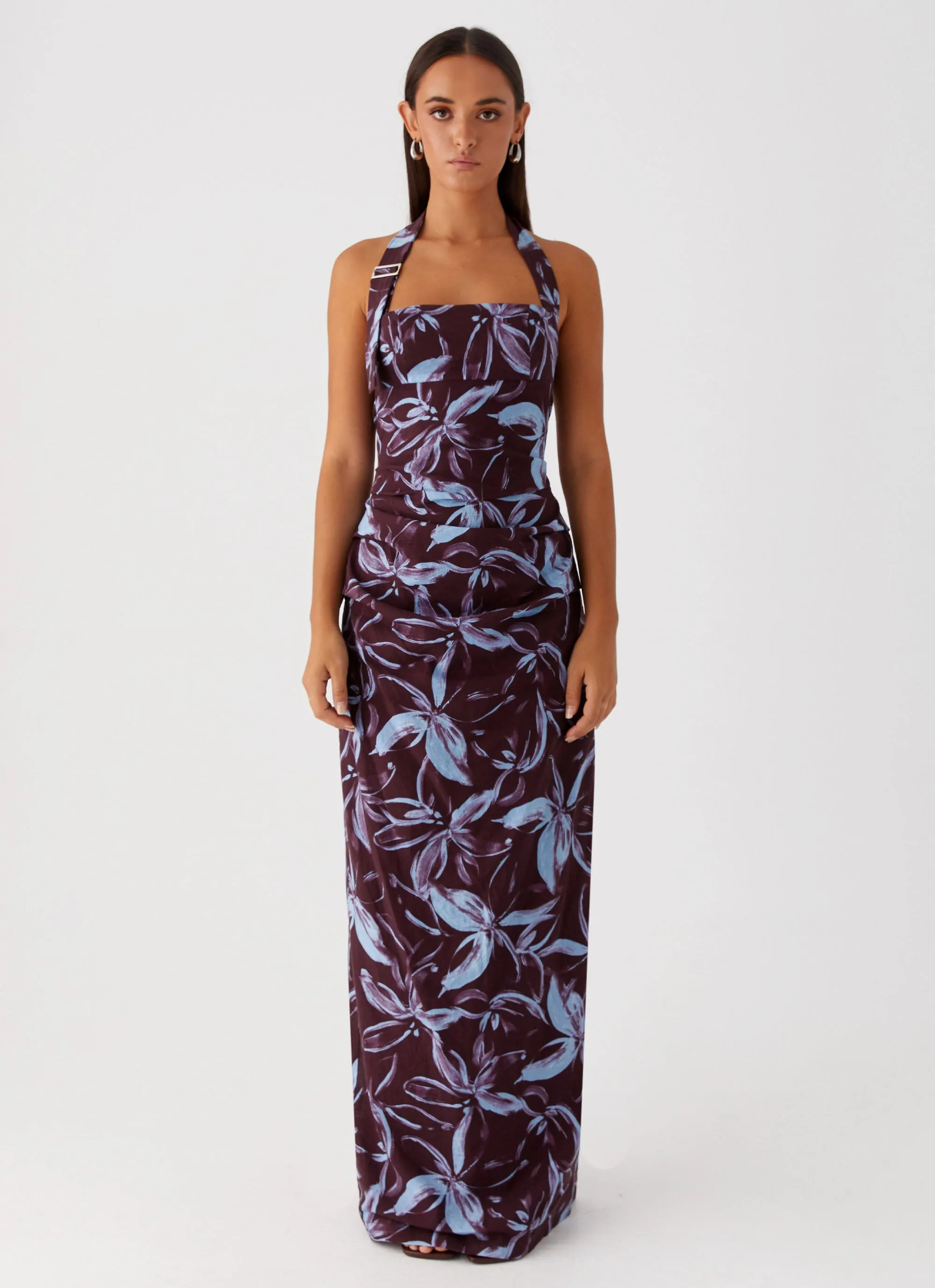 Fauna Halter Maxi Dress - Brown Purple Floral