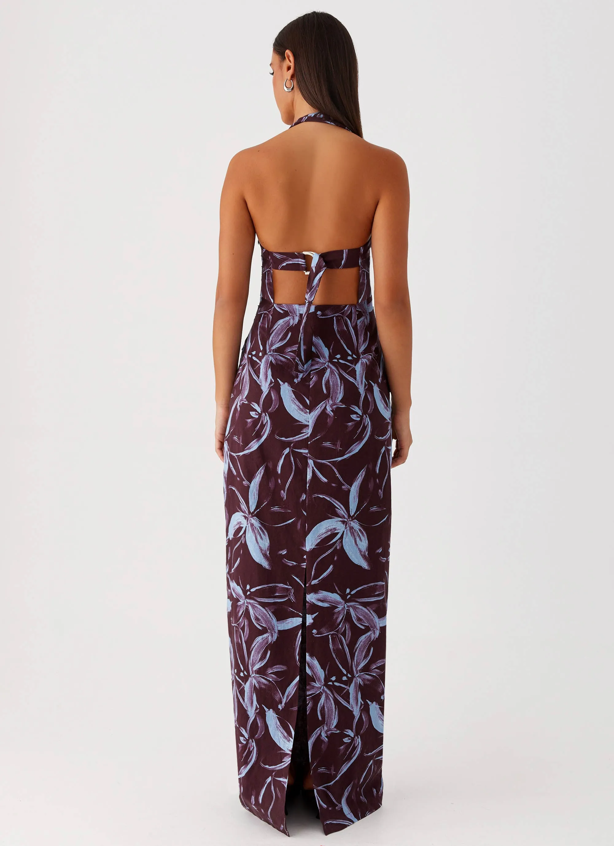 Fauna Halter Maxi Dress - Brown Purple Floral