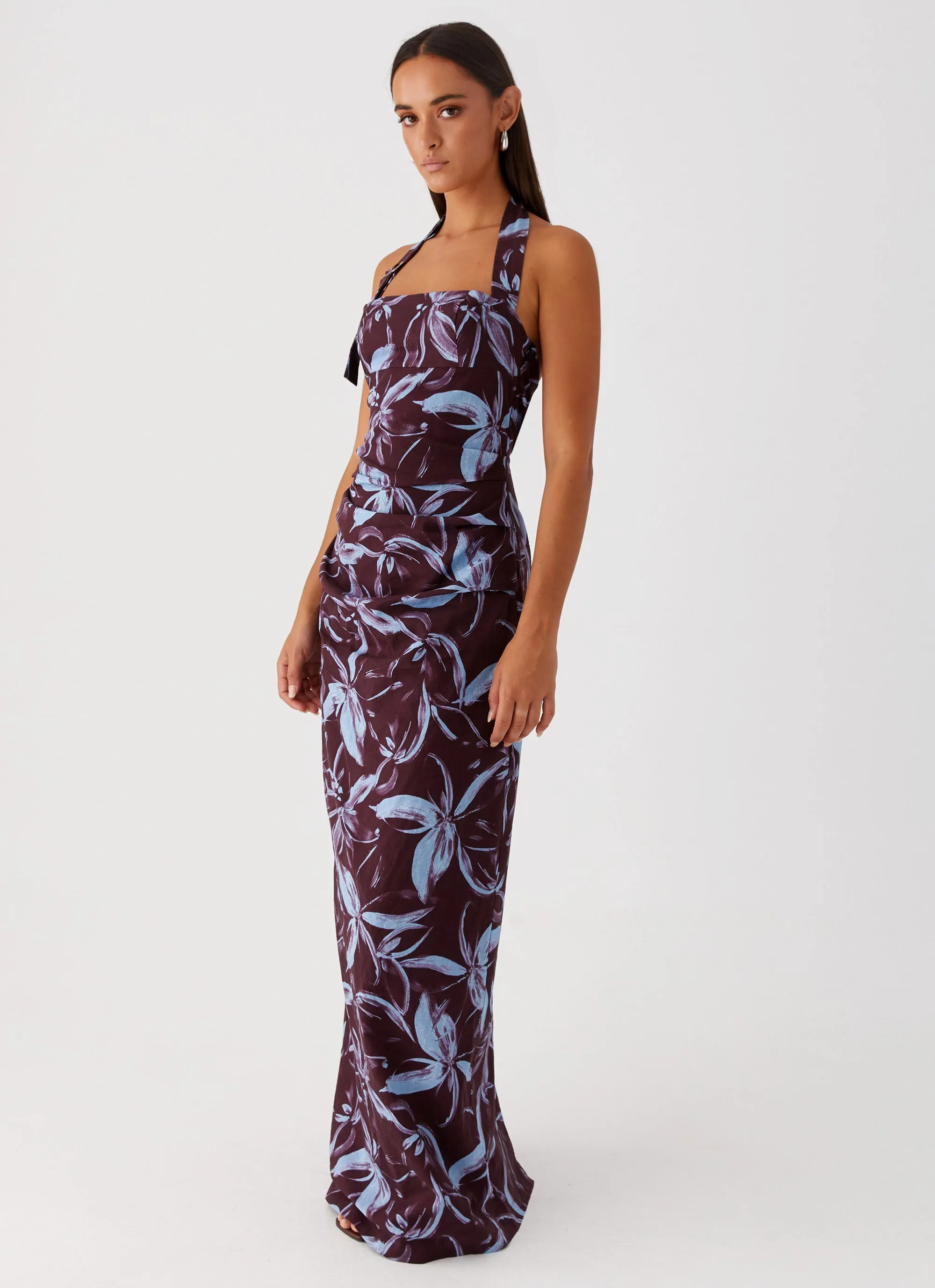 Fauna Halter Maxi Dress - Brown Purple Floral