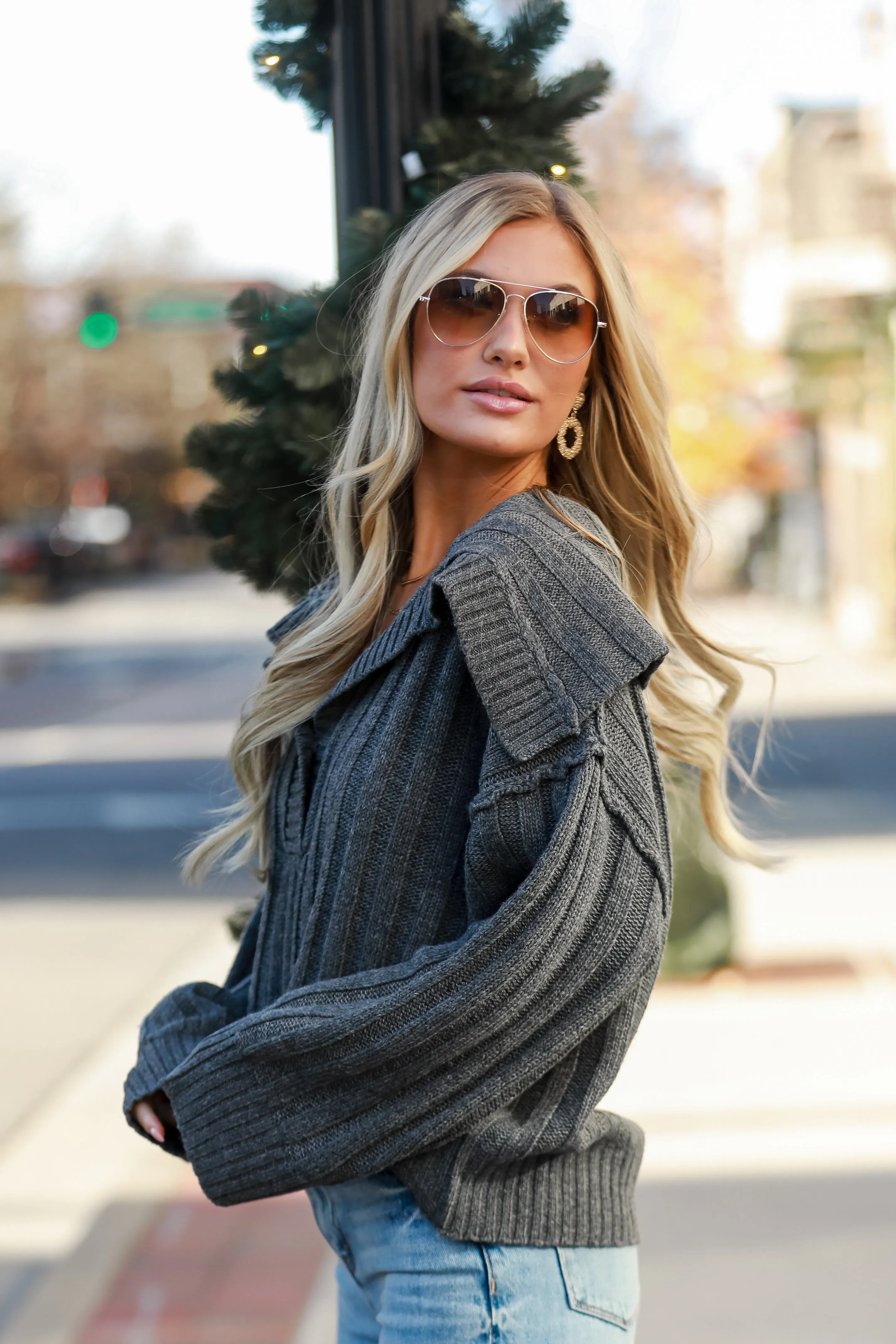 FINAL SALE - Bound For Coziness Charcoal Collared Sweater