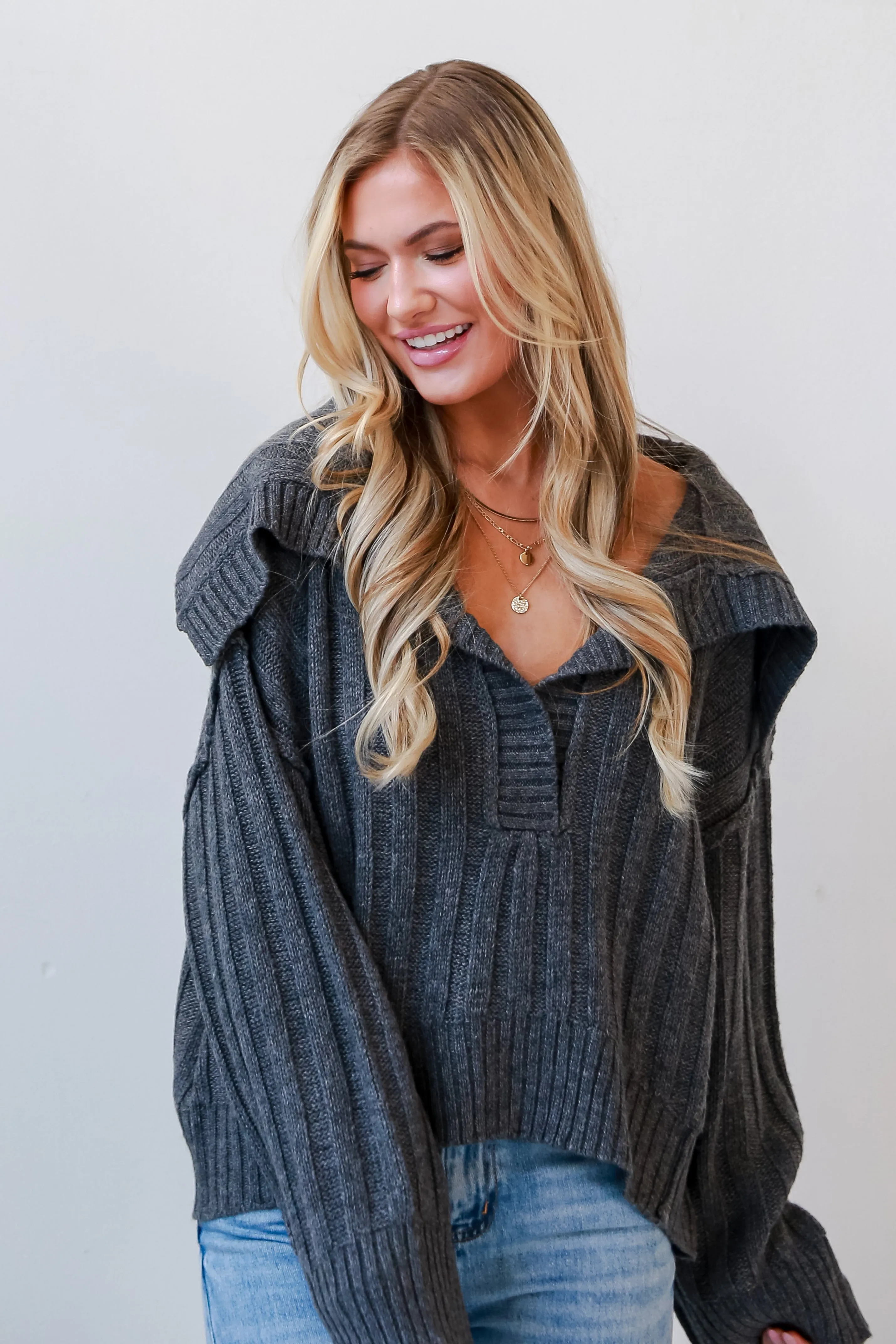 FINAL SALE - Bound For Coziness Charcoal Collared Sweater