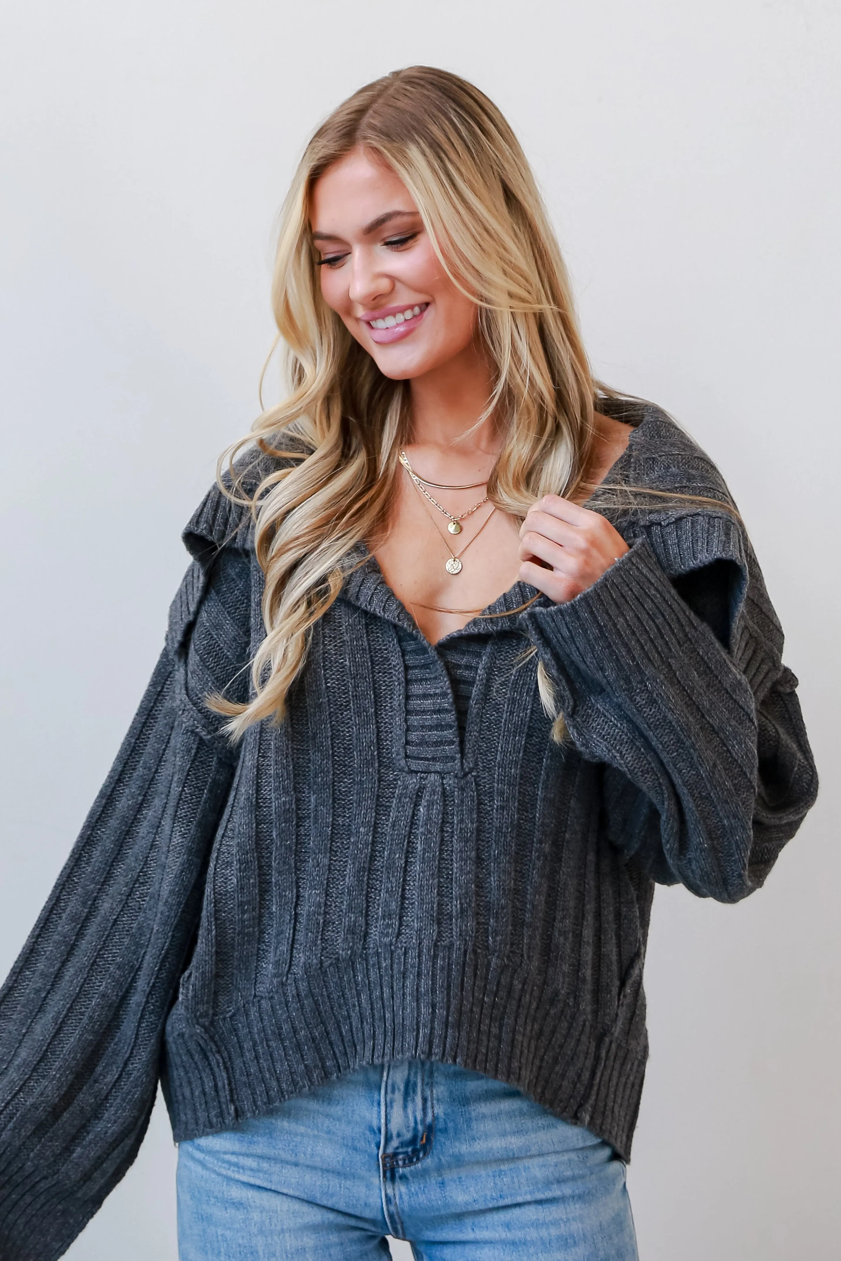 FINAL SALE - Bound For Coziness Charcoal Collared Sweater