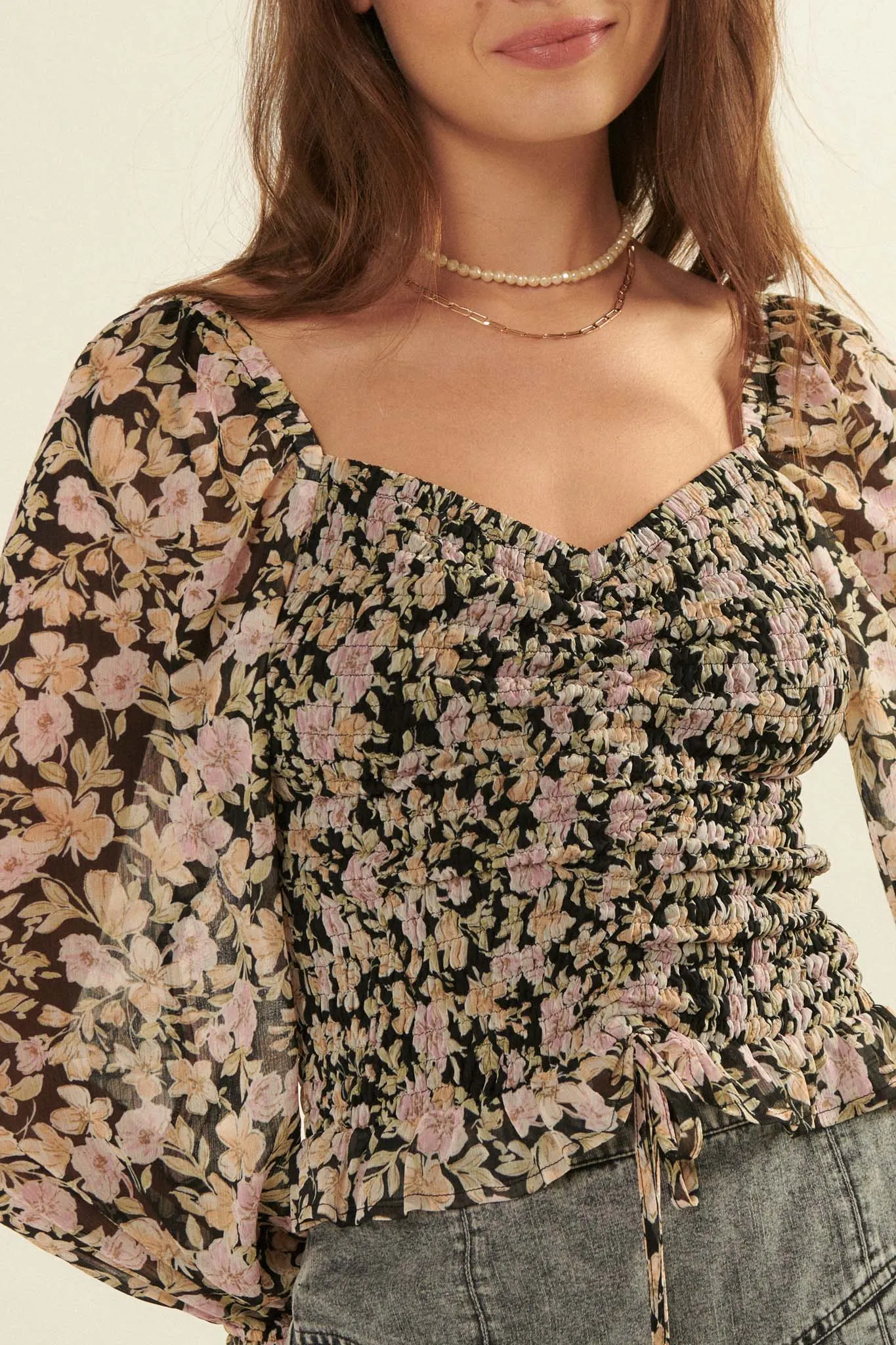 Floral Fascination Smocked Chiffon Peasant Top