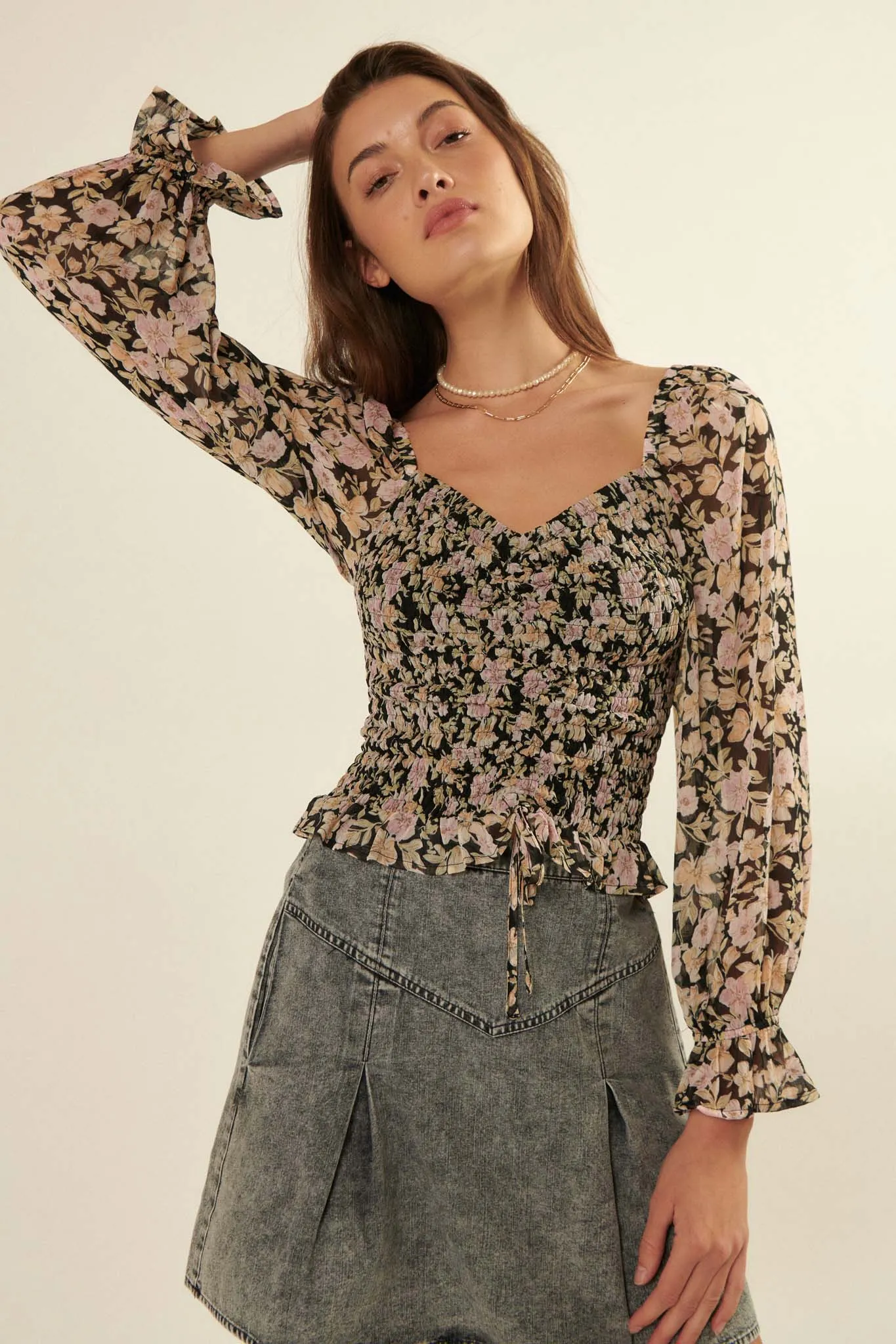 Floral Fascination Smocked Chiffon Peasant Top