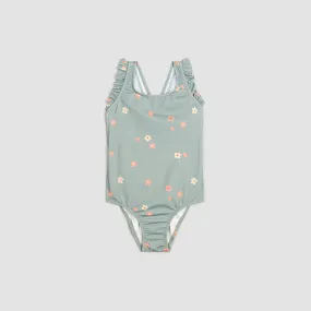 Floral Print on Dusty Green One-Piece Baby & Toddler Girls Swimsuit | Petit Lem