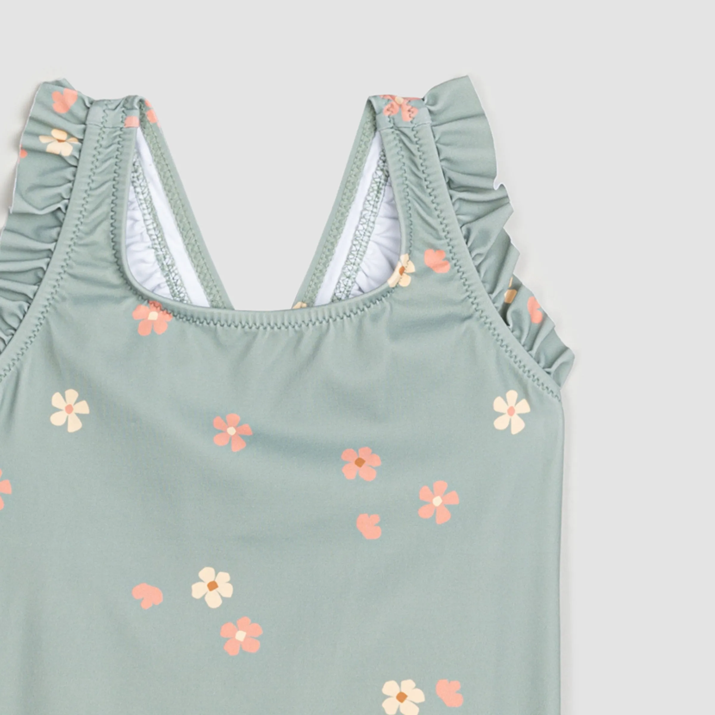 Floral Print on Dusty Green One-Piece Baby & Toddler Girls Swimsuit | Petit Lem