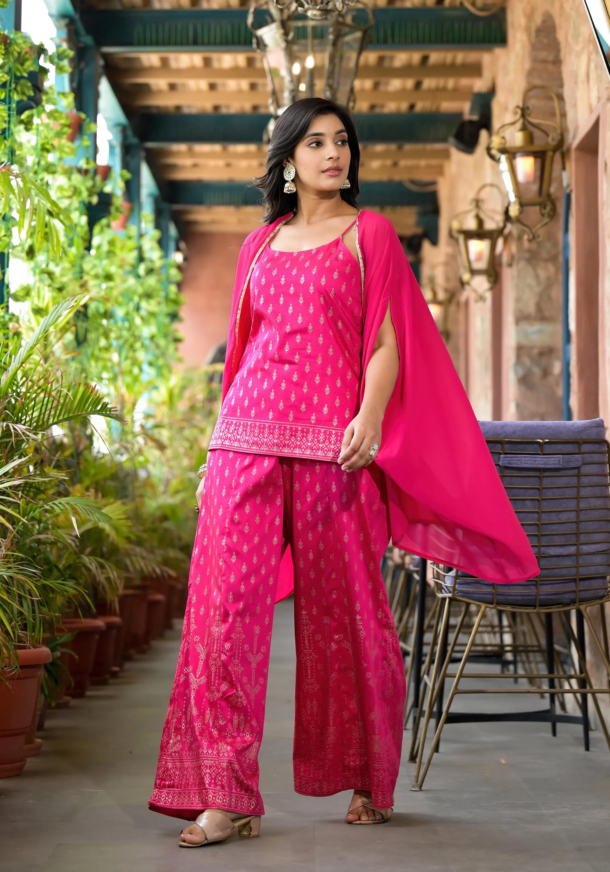 Fuchsia Ethnic Motif Printed Georgette Shrug Inner & Pant Set With Sequins