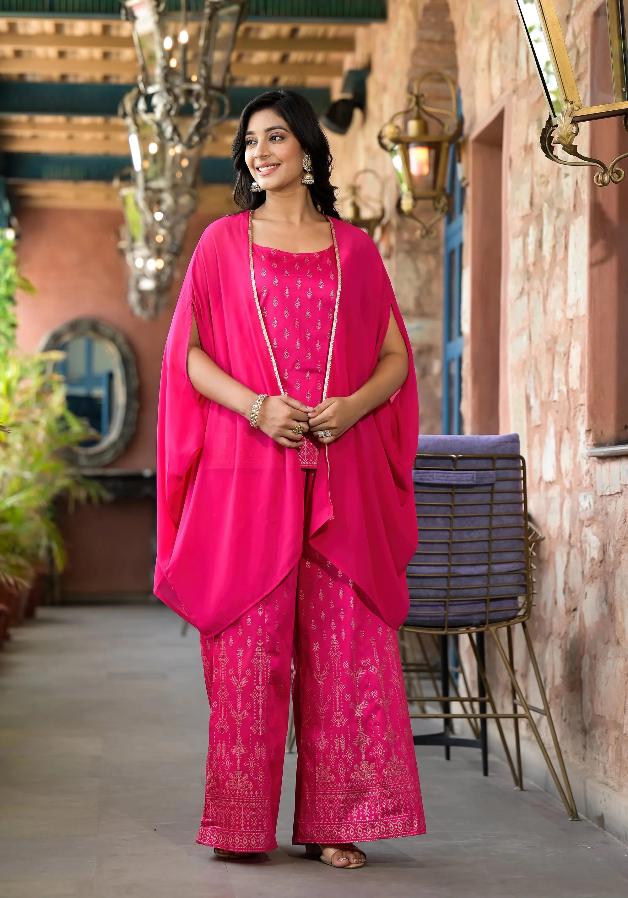 Fuchsia Ethnic Motif Printed Georgette Shrug Inner & Pant Set With Sequins