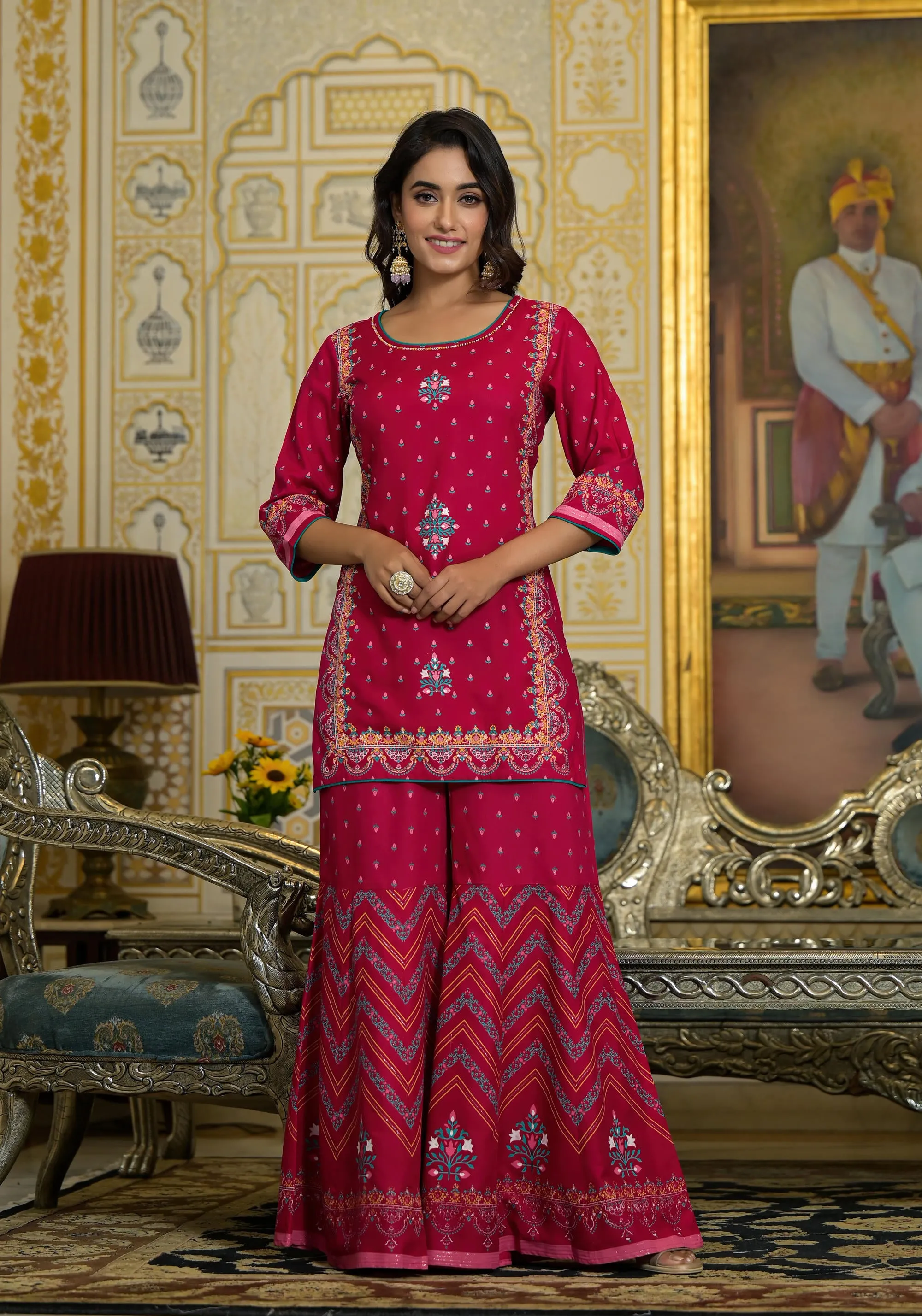 Fuchsia Ethnic Motif Printed Liva Rayon Tunic Sharara and Dupatta Set With Sequins  & Gota Patti Work