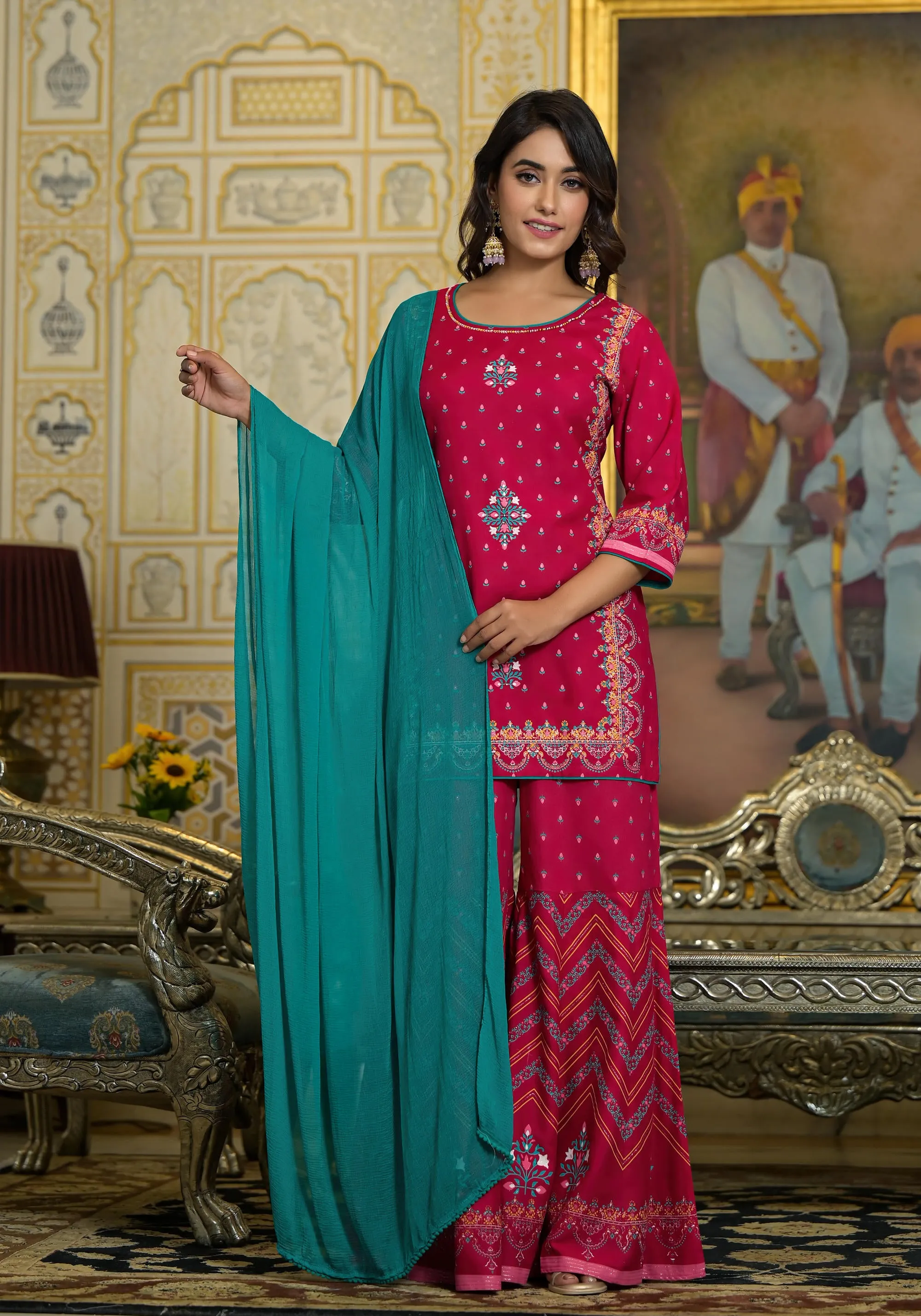 Fuchsia Ethnic Motif Printed Liva Rayon Tunic Sharara and Dupatta Set With Sequins  & Gota Patti Work