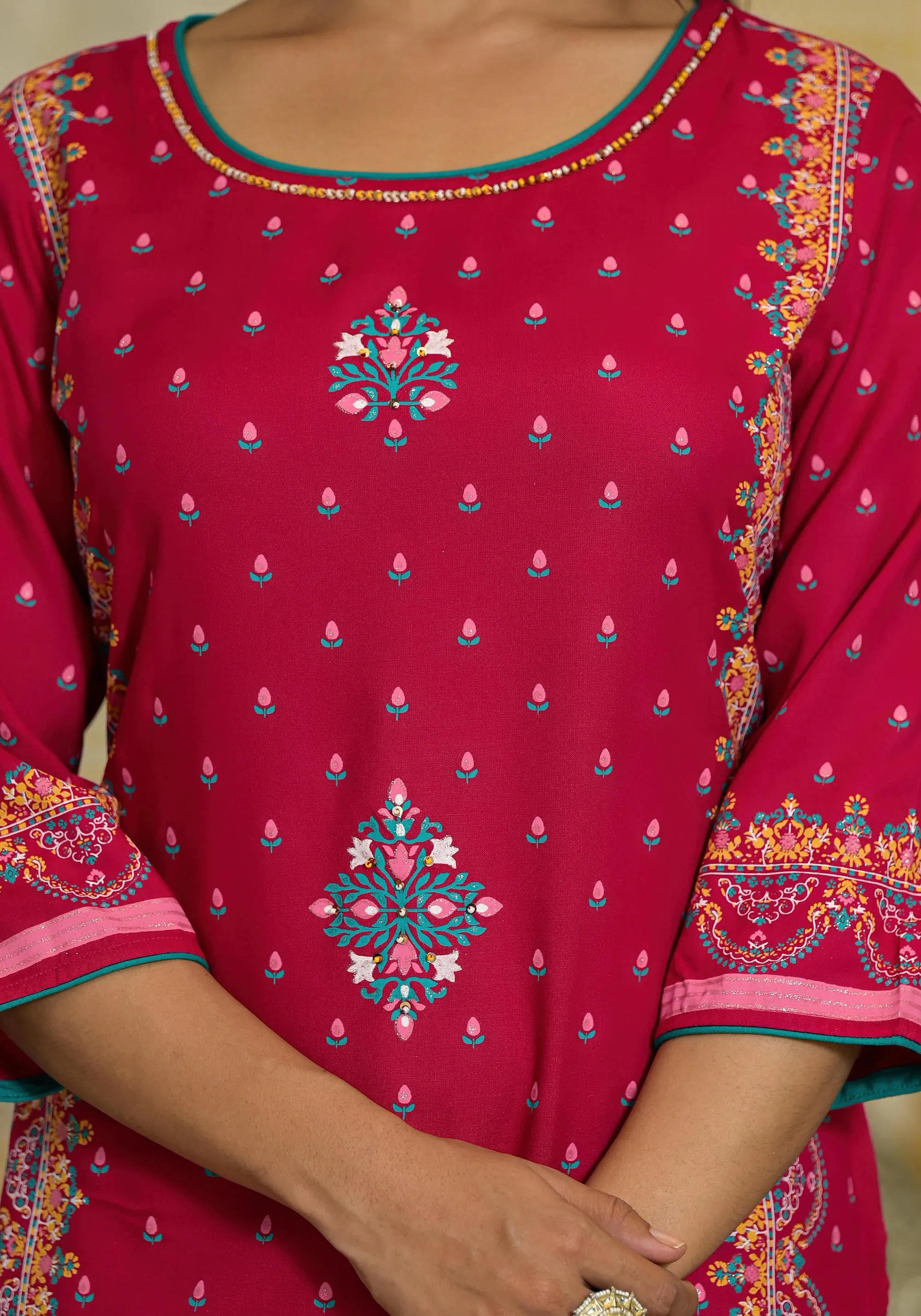 Fuchsia Ethnic Motif Printed Liva Rayon Tunic Sharara and Dupatta Set With Sequins  & Gota Patti Work