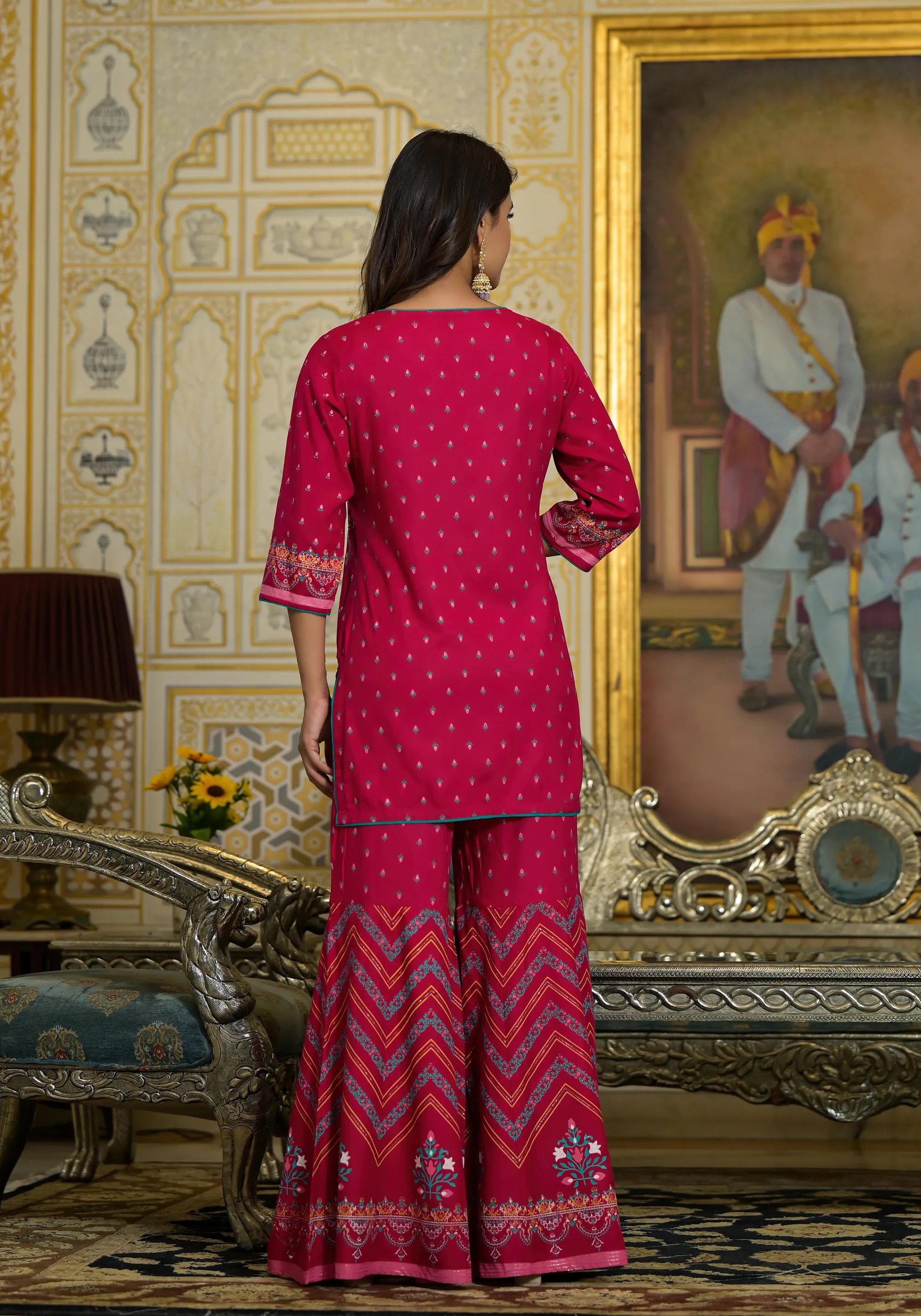 Fuchsia Ethnic Motif Printed Liva Rayon Tunic Sharara and Dupatta Set With Sequins  & Gota Patti Work