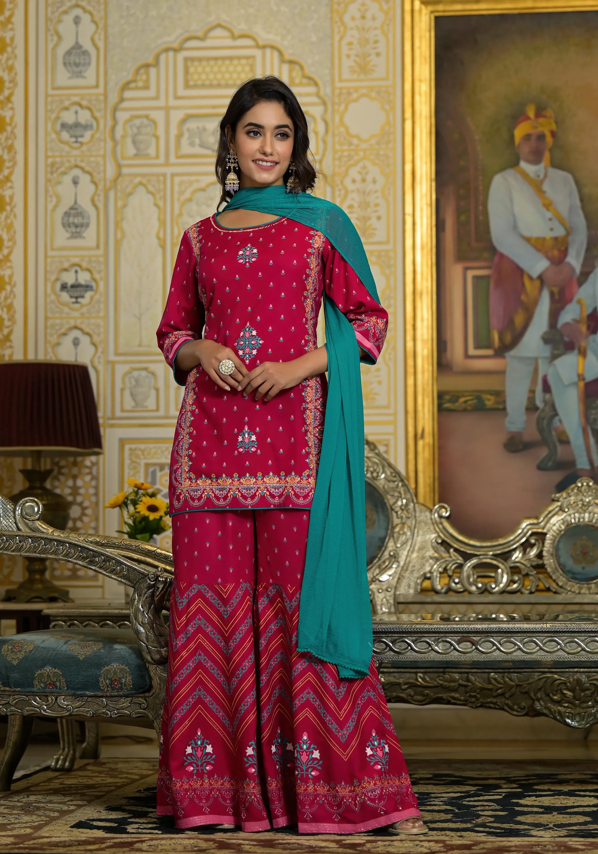 Fuchsia Ethnic Motif Printed Liva Rayon Tunic Sharara and Dupatta Set With Sequins  & Gota Patti Work