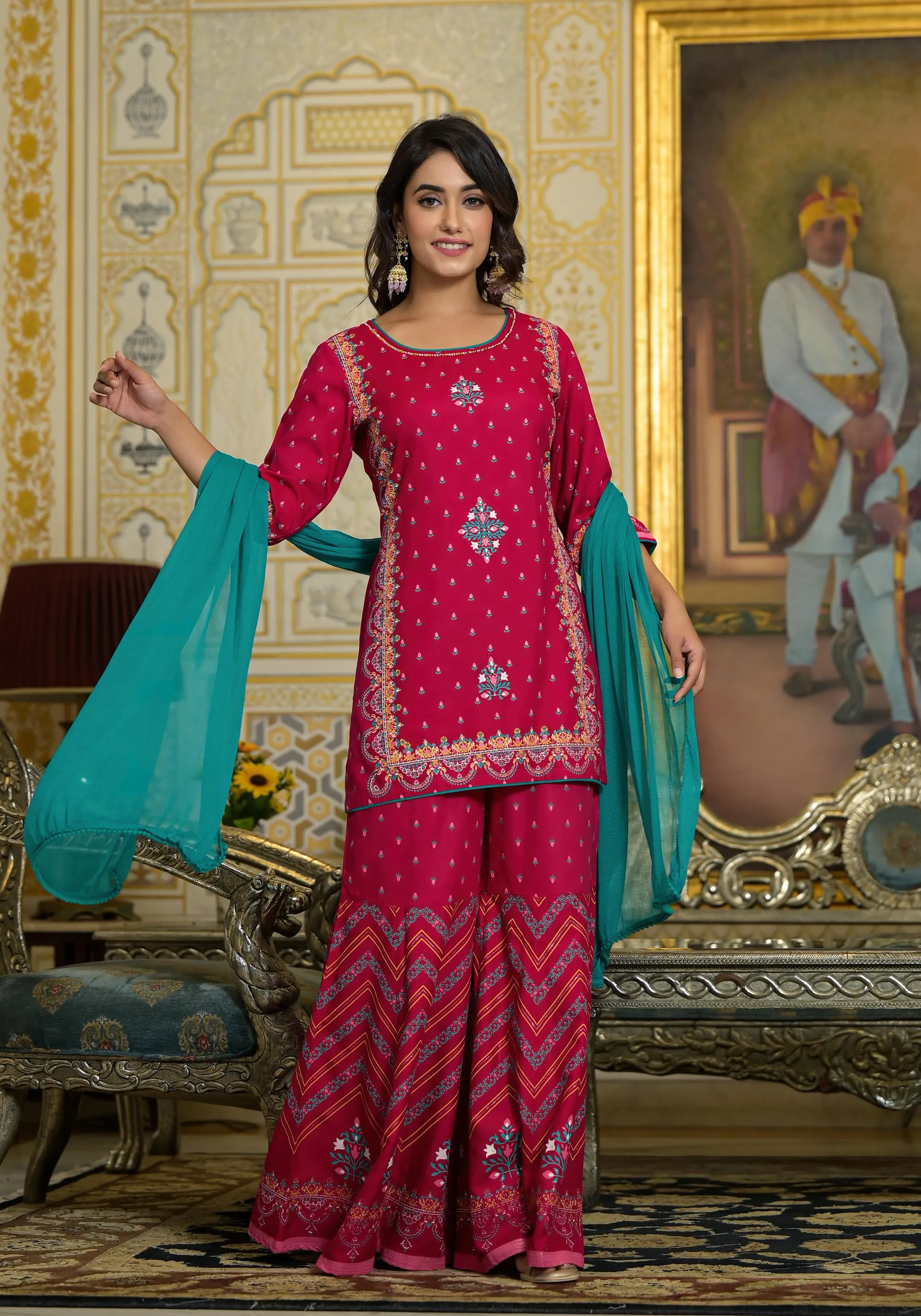 Fuchsia Ethnic Motif Printed Liva Rayon Tunic Sharara and Dupatta Set With Sequins  & Gota Patti Work