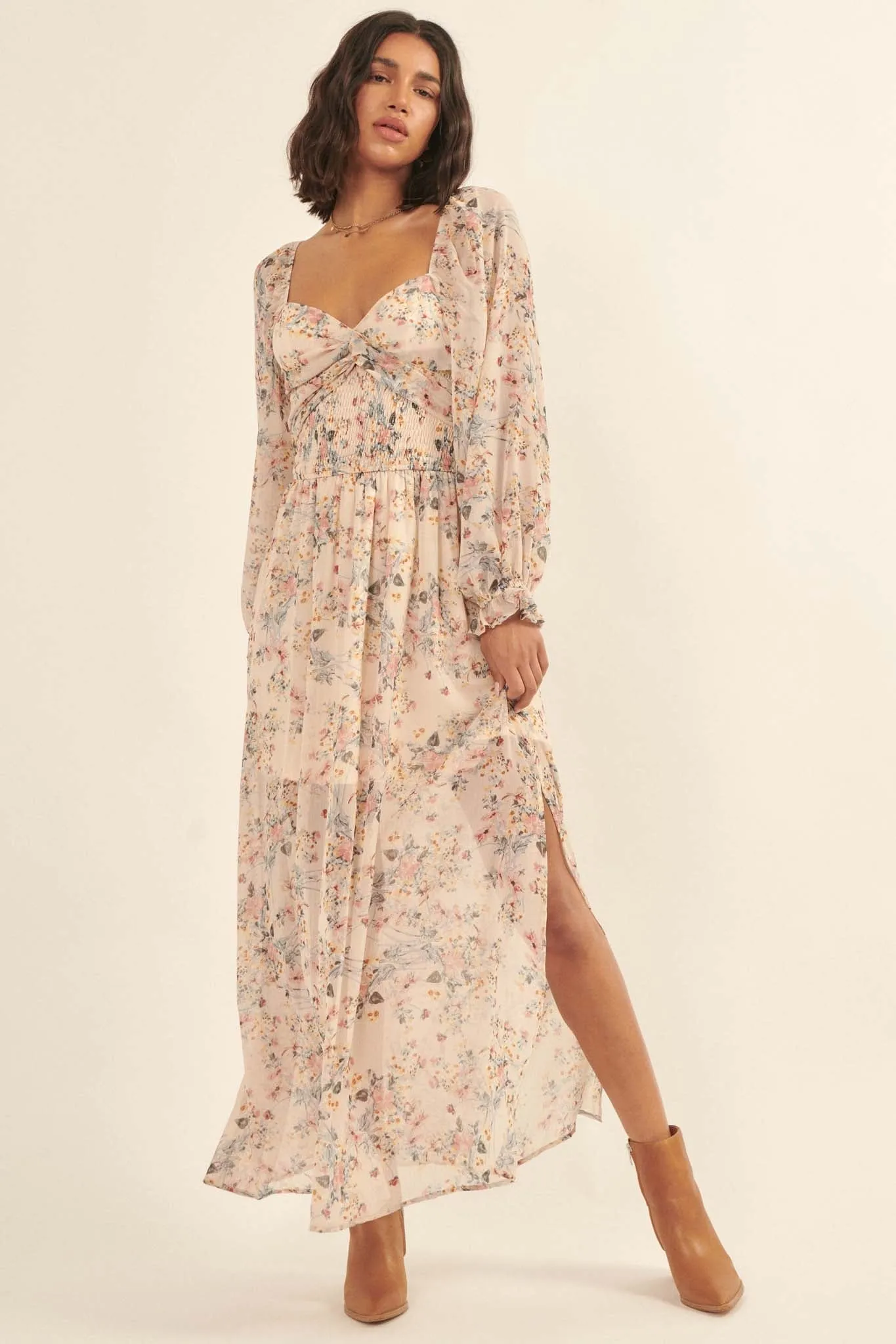 Garden Breeze Floral Chiffon Maxi Prairie Dress