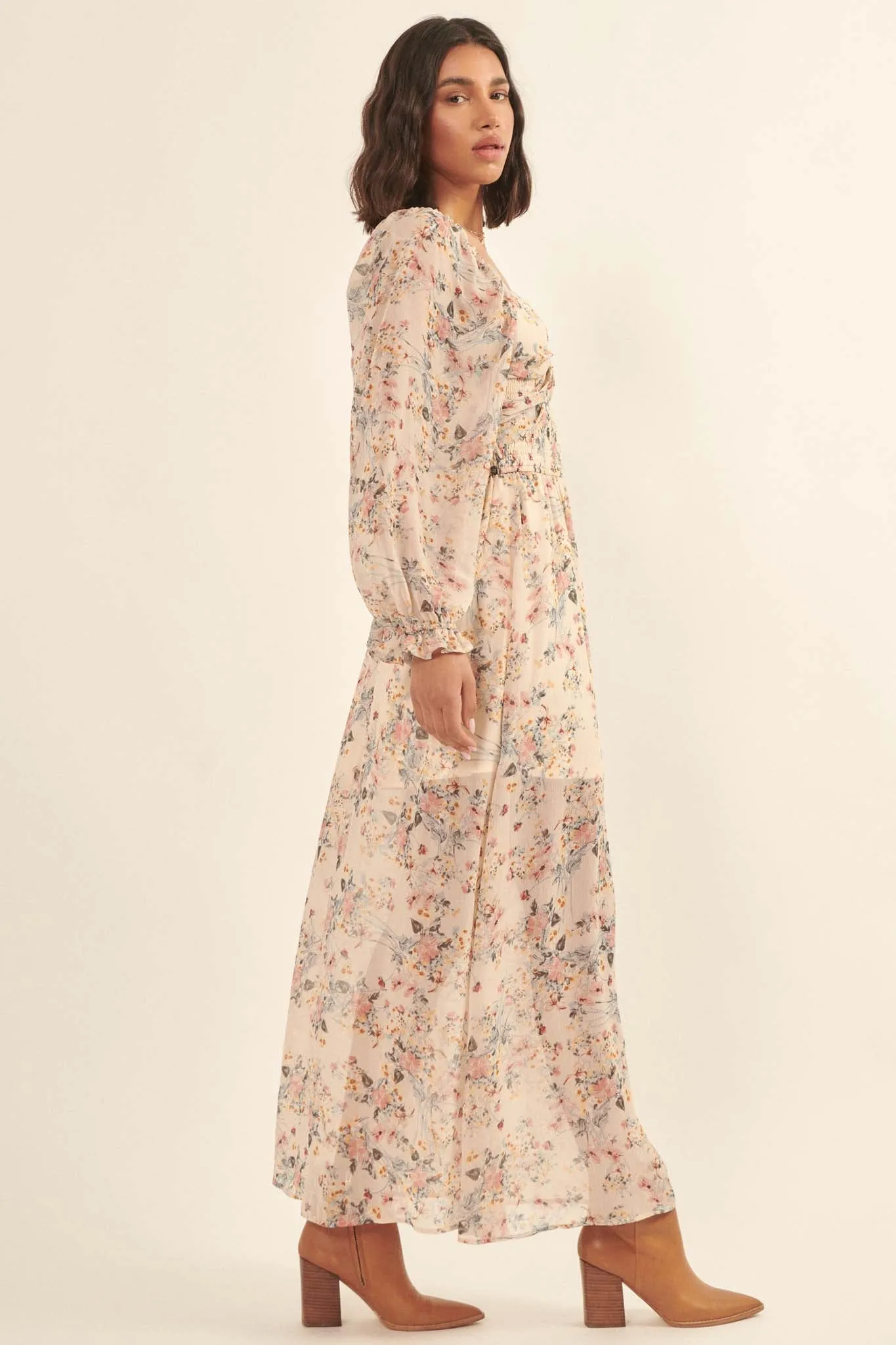 Garden Breeze Floral Chiffon Maxi Prairie Dress