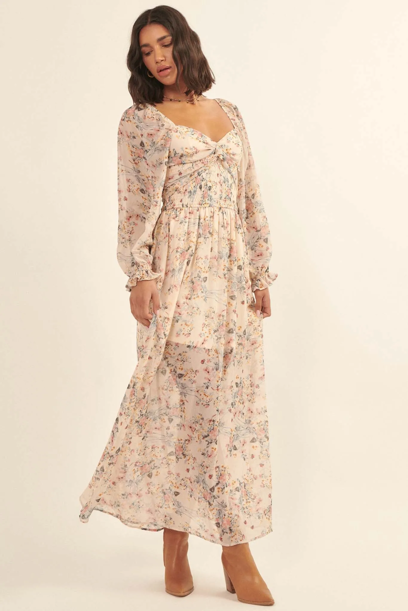 Garden Breeze Floral Chiffon Maxi Prairie Dress