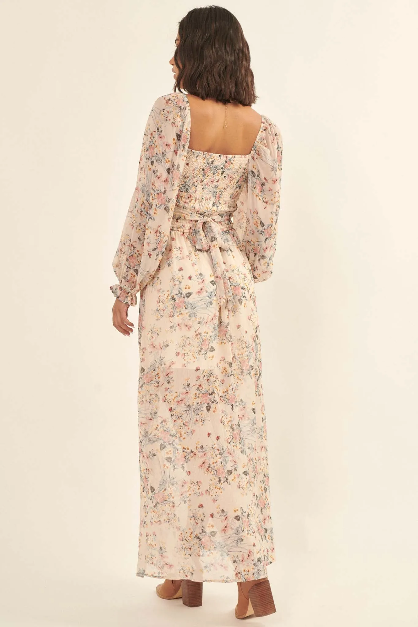 Garden Breeze Floral Chiffon Maxi Prairie Dress