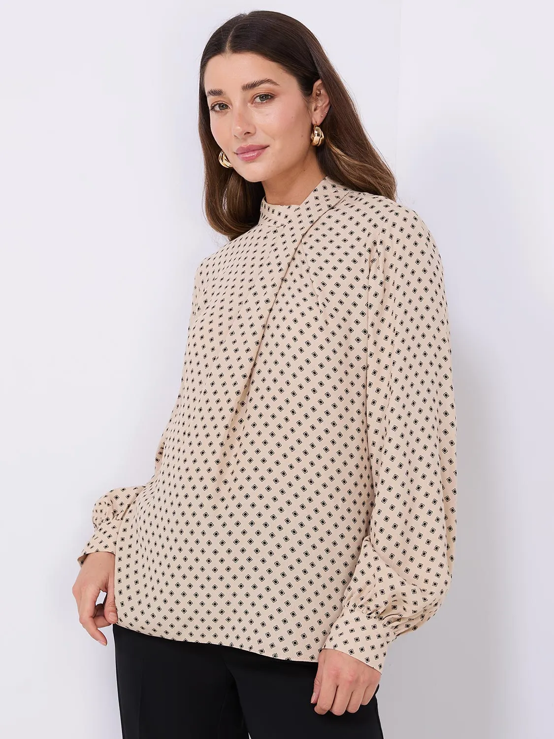 Geo Print Asymmetrical Mock Neck Top