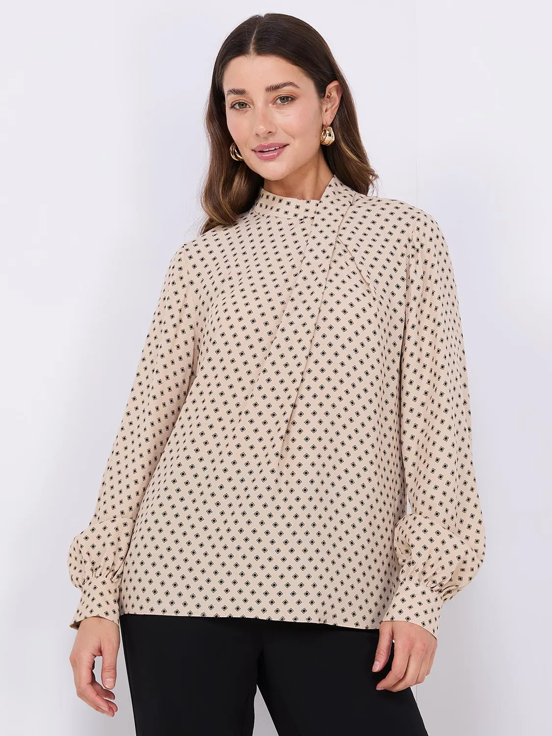 Geo Print Asymmetrical Mock Neck Top