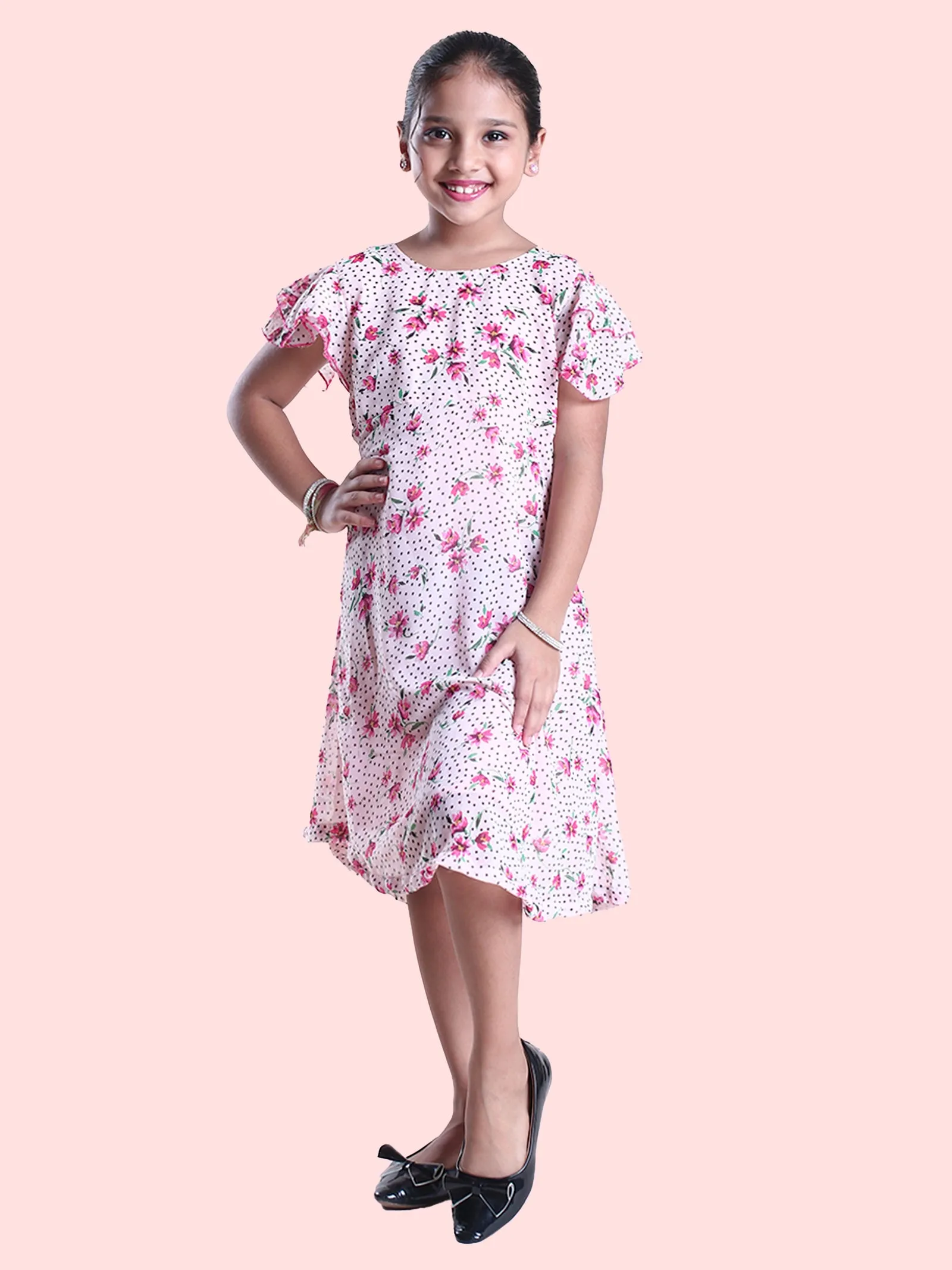 Girls Georgette Printed Frill Sleeve A-Line Flare Dress