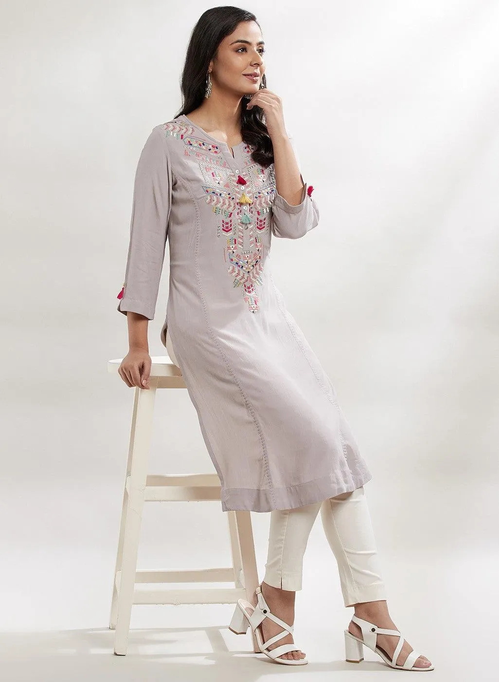 Glacier Grey Bahaar Embroidered Kurti With Tassels