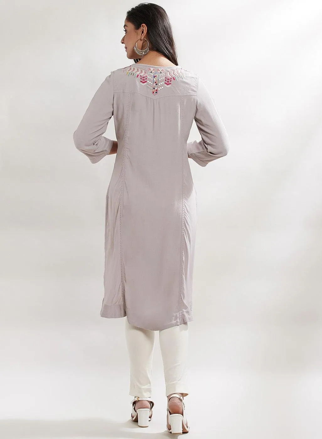 Glacier Grey Bahaar Embroidered Kurti With Tassels