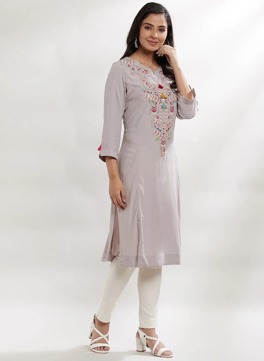 Glacier Grey Bahaar Embroidered Kurti With Tassels