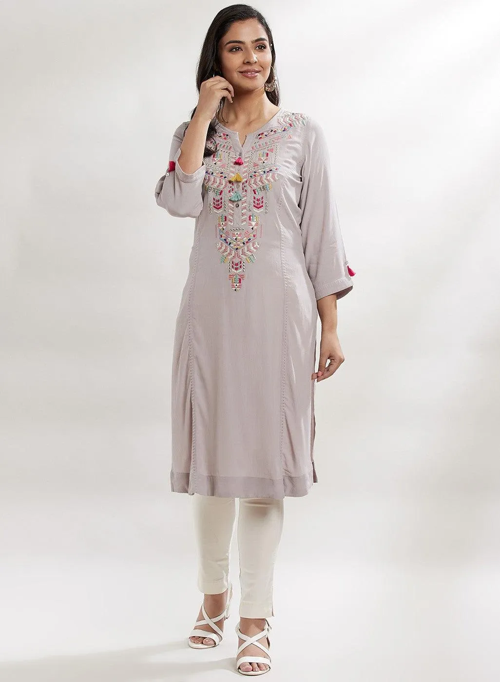 Glacier Grey Bahaar Embroidered Kurti With Tassels