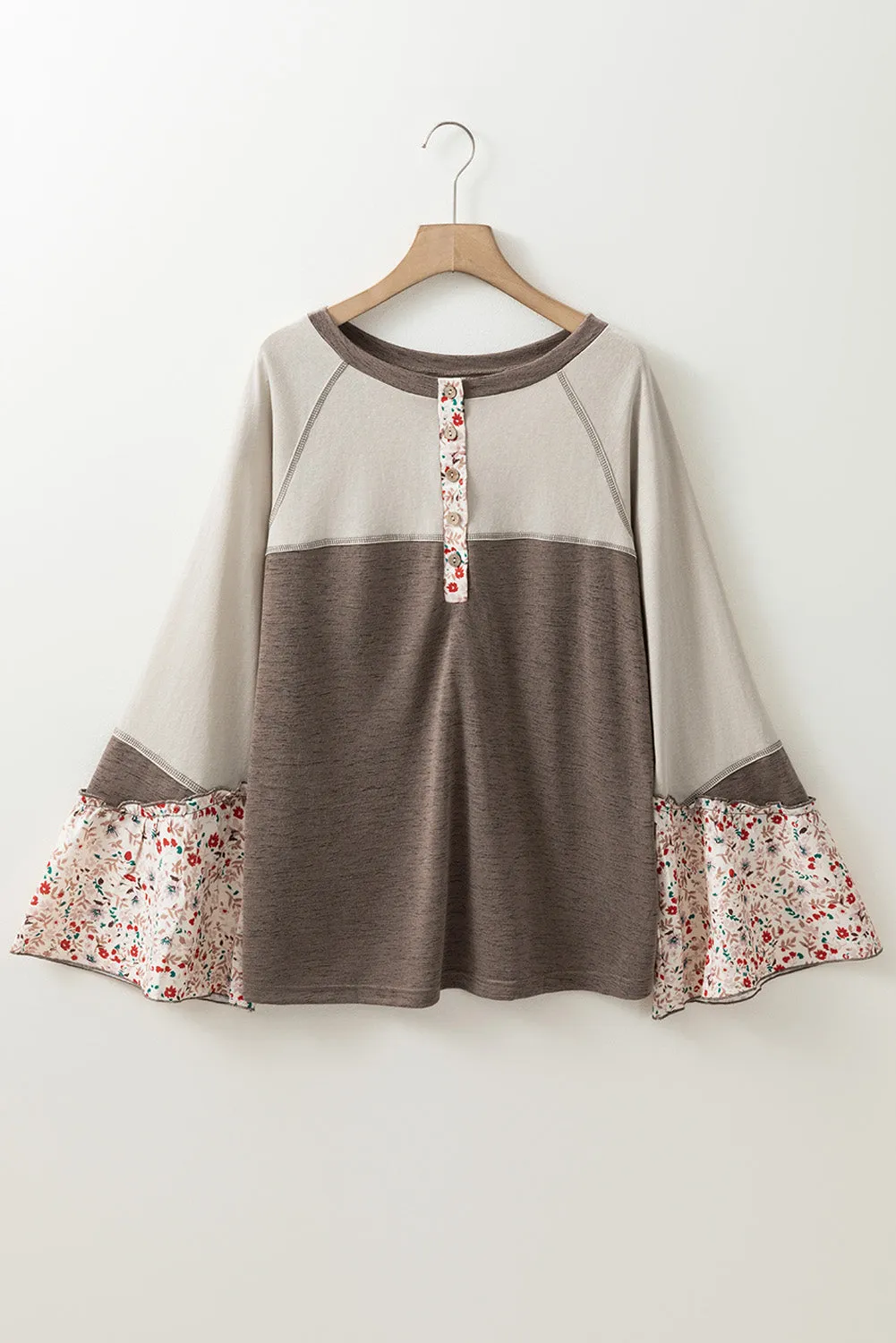 Goat Colorblock Floral Patchwork Flared Sleeve Buttons Henley Top