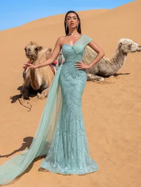 Gorgeous One Shoulder Draped Side Mermaid Prom Dress