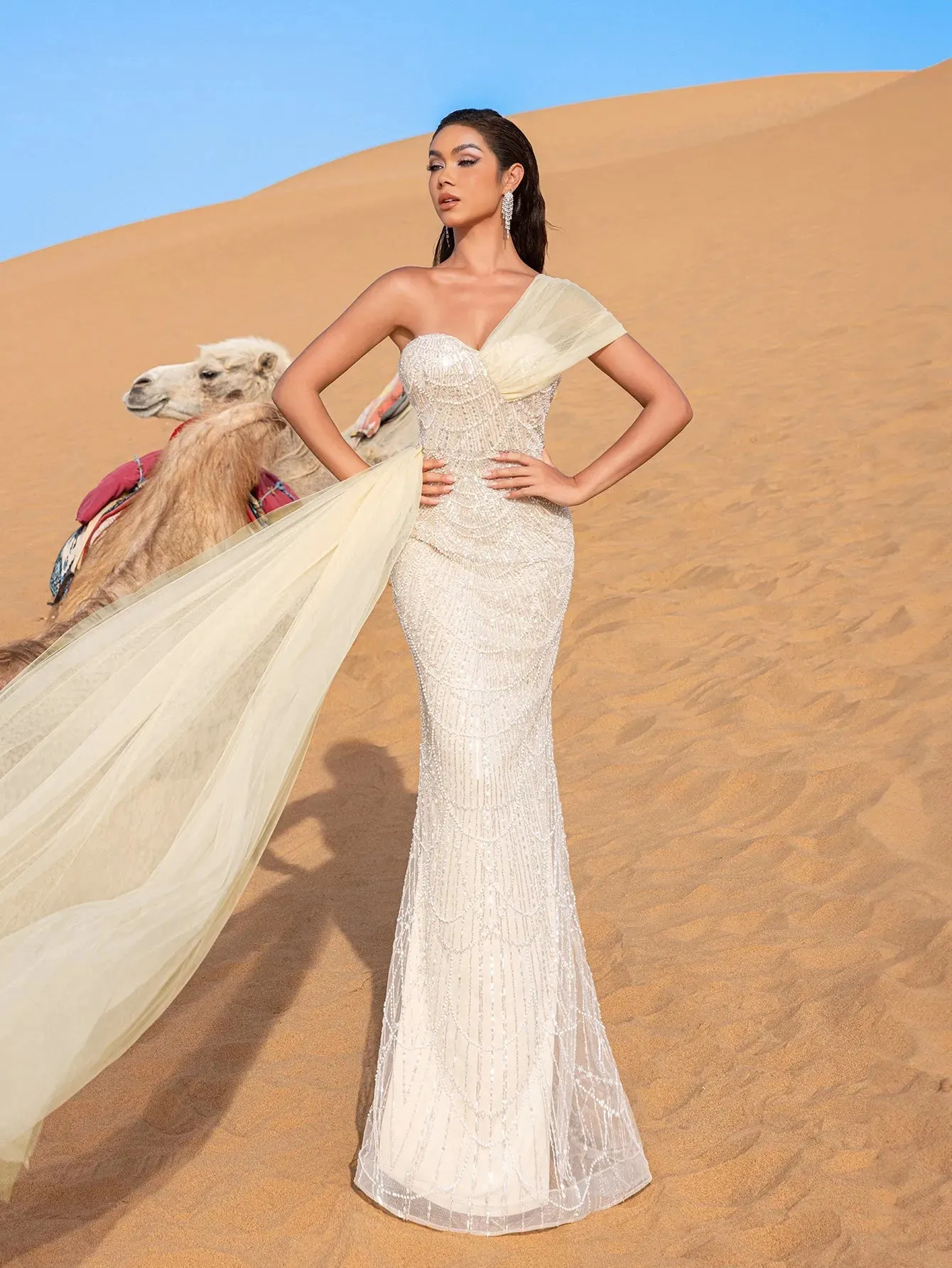 Gorgeous One Shoulder Draped Side Mermaid Prom Dress