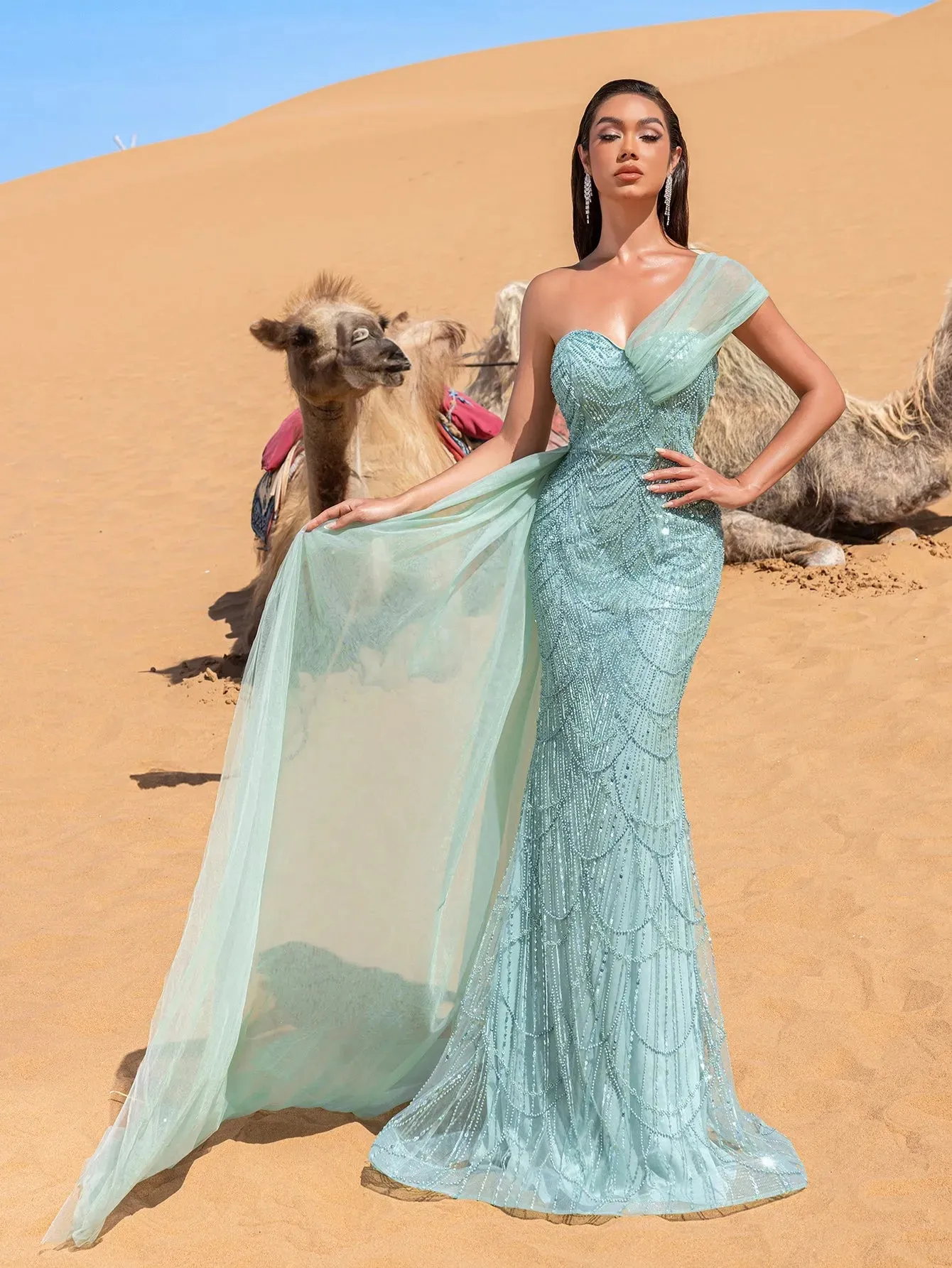 Gorgeous One Shoulder Draped Side Mermaid Prom Dress