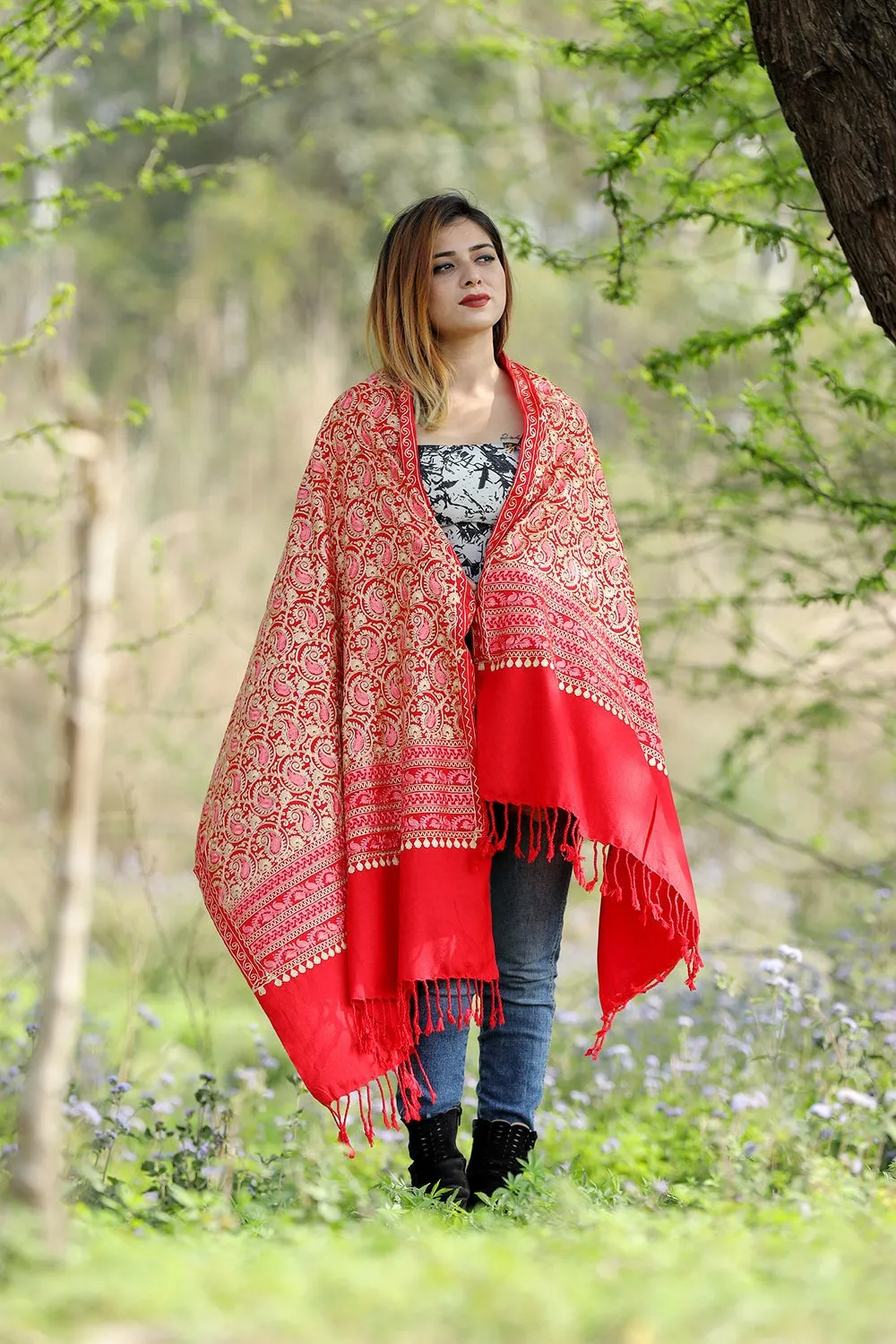 Gorgeous Red Colour Stole With Graceful Dense Jaal Pattern Of Kashmiri Embroidery Makes It An Ideal Wear.