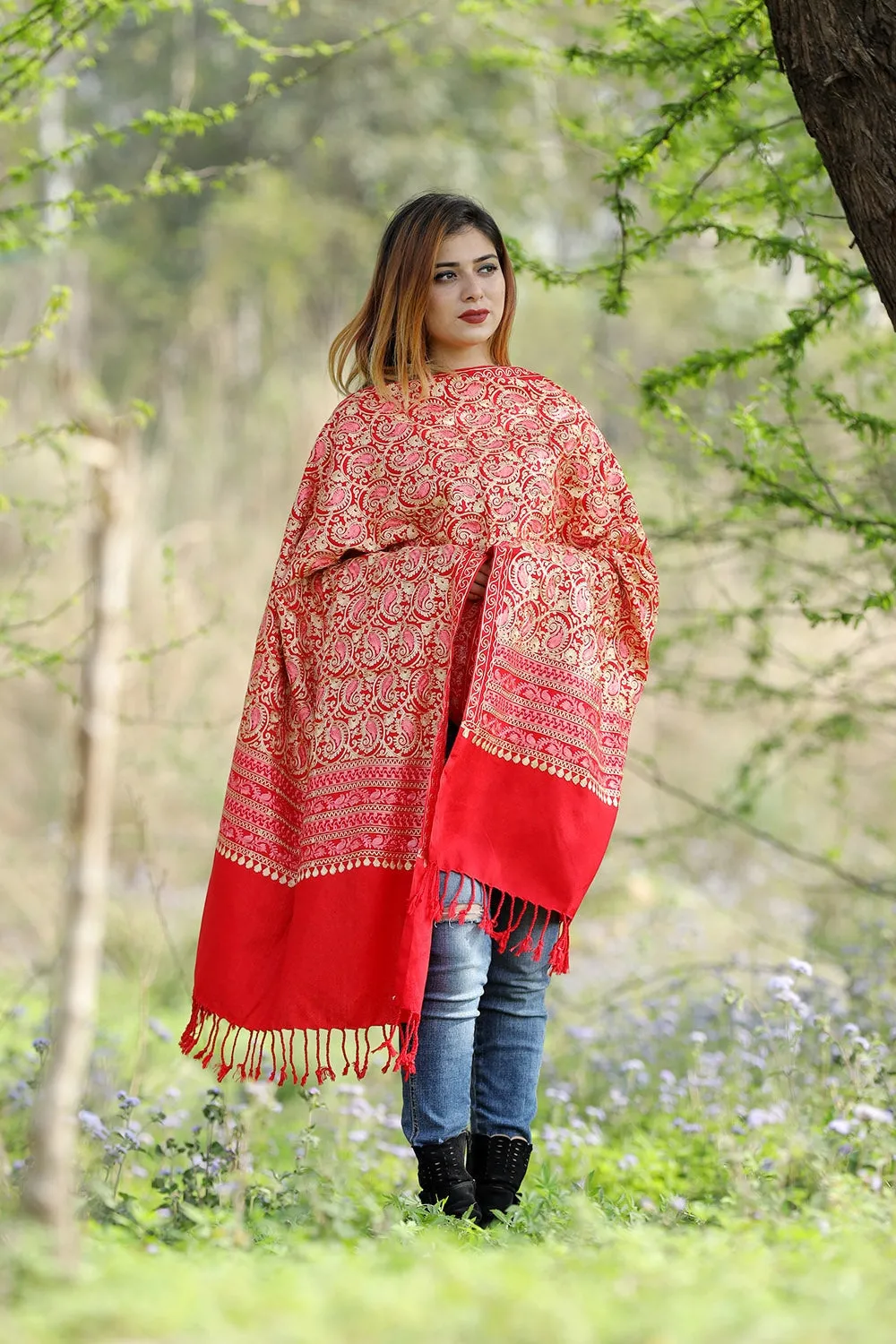 Gorgeous Red Colour Stole With Graceful Dense Jaal Pattern Of Kashmiri Embroidery Makes It An Ideal Wear.