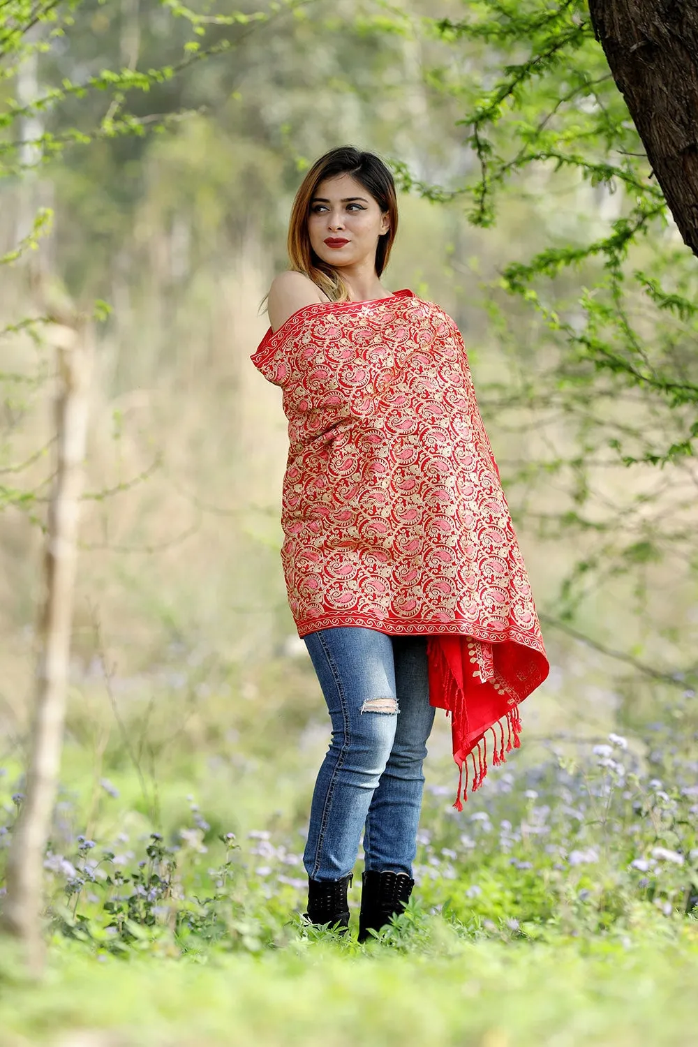 Gorgeous Red Colour Stole With Graceful Dense Jaal Pattern Of Kashmiri Embroidery Makes It An Ideal Wear.