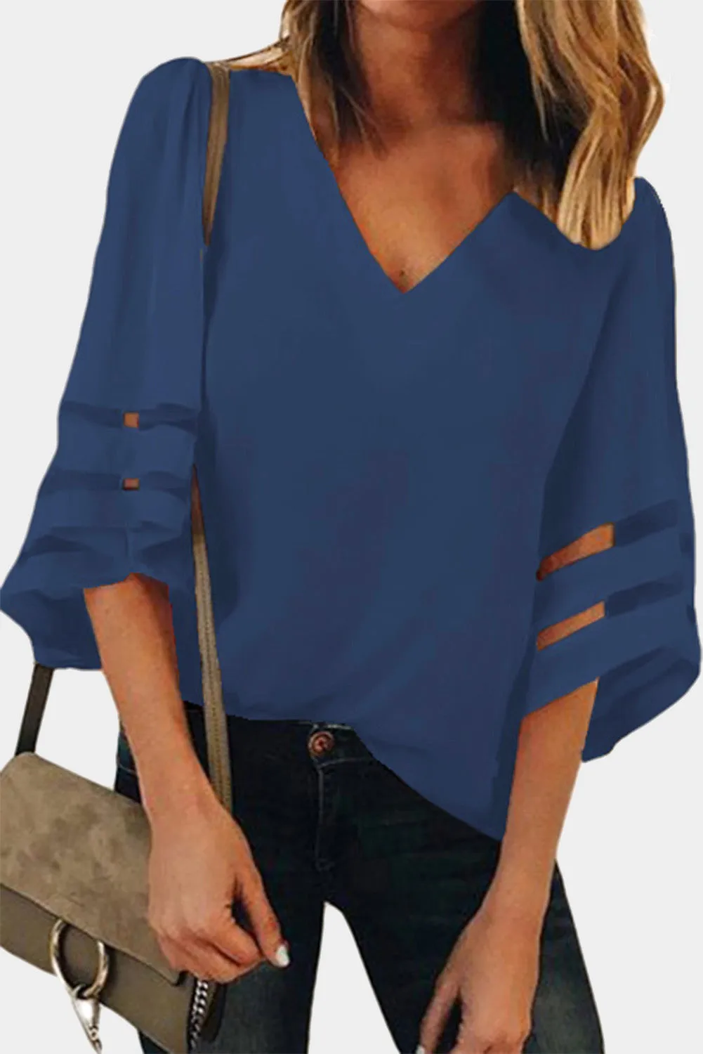 Green Flare Sleeve V Neck Loose Blouse