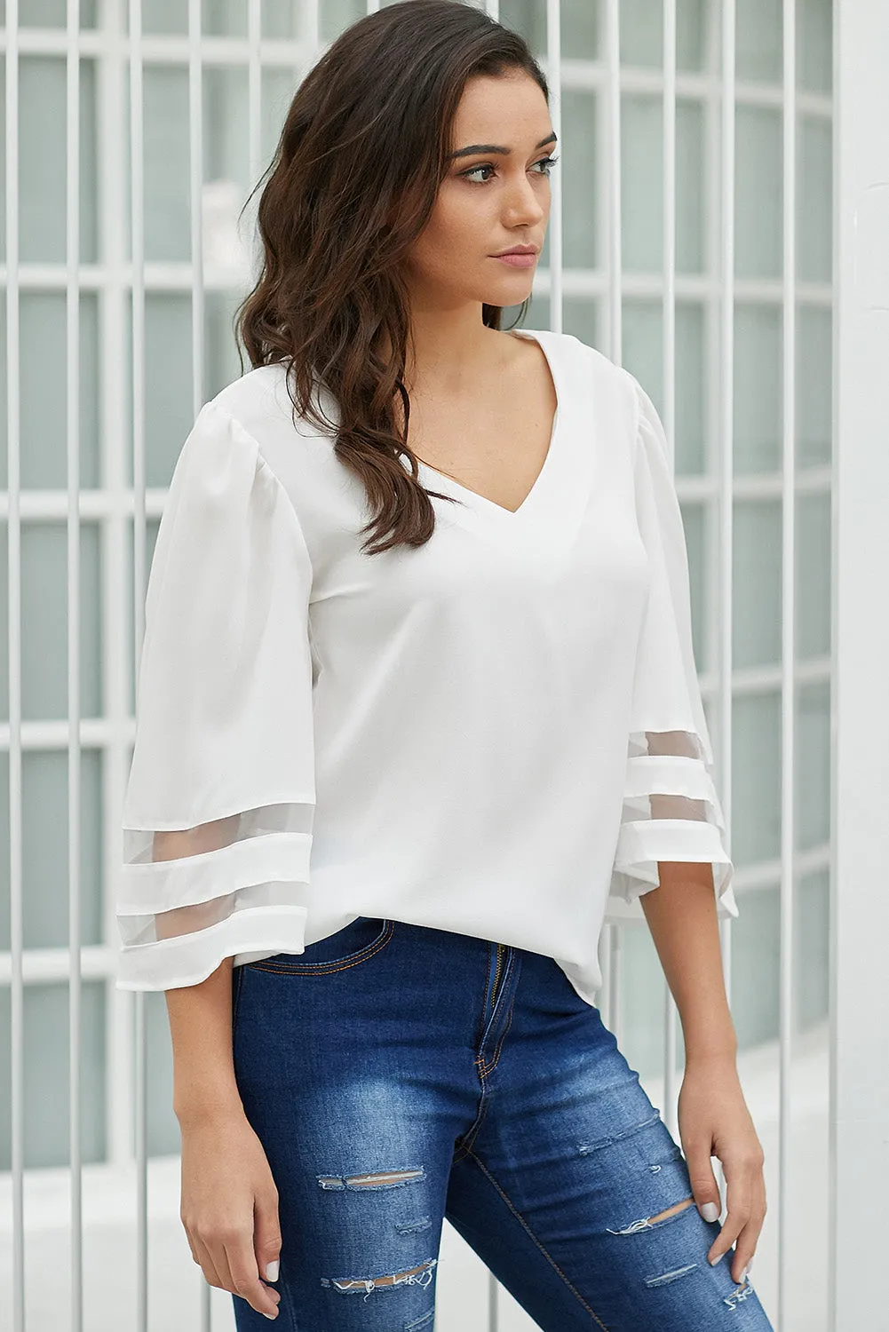 Green Flare Sleeve V Neck Loose Blouse