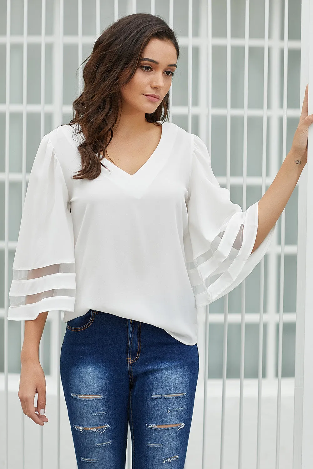 Green Flare Sleeve V Neck Loose Blouse