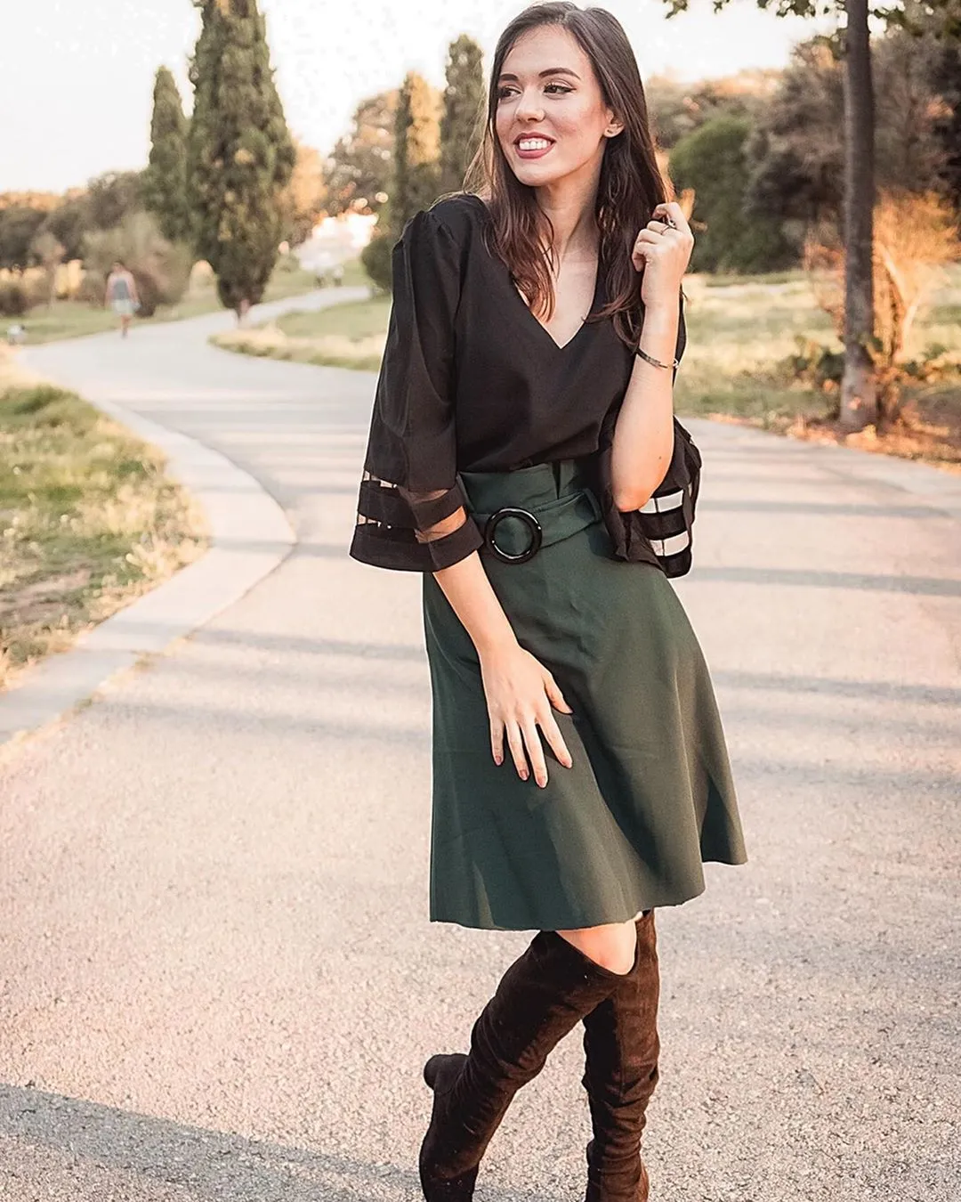 Green Flare Sleeve V Neck Loose Blouse