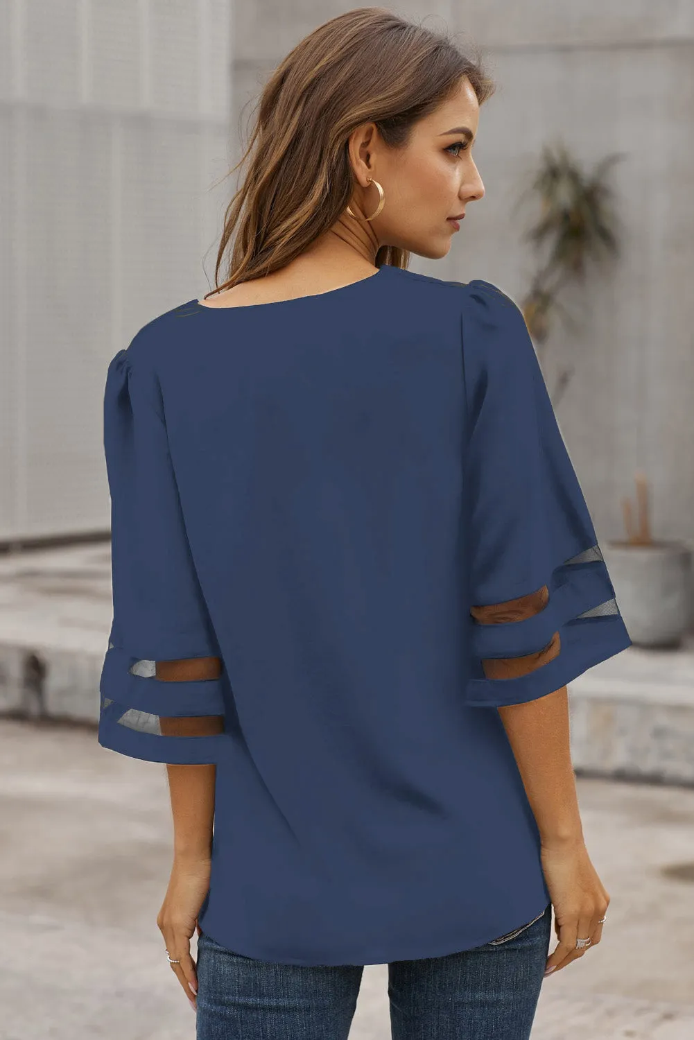 Green Flare Sleeve V Neck Loose Blouse